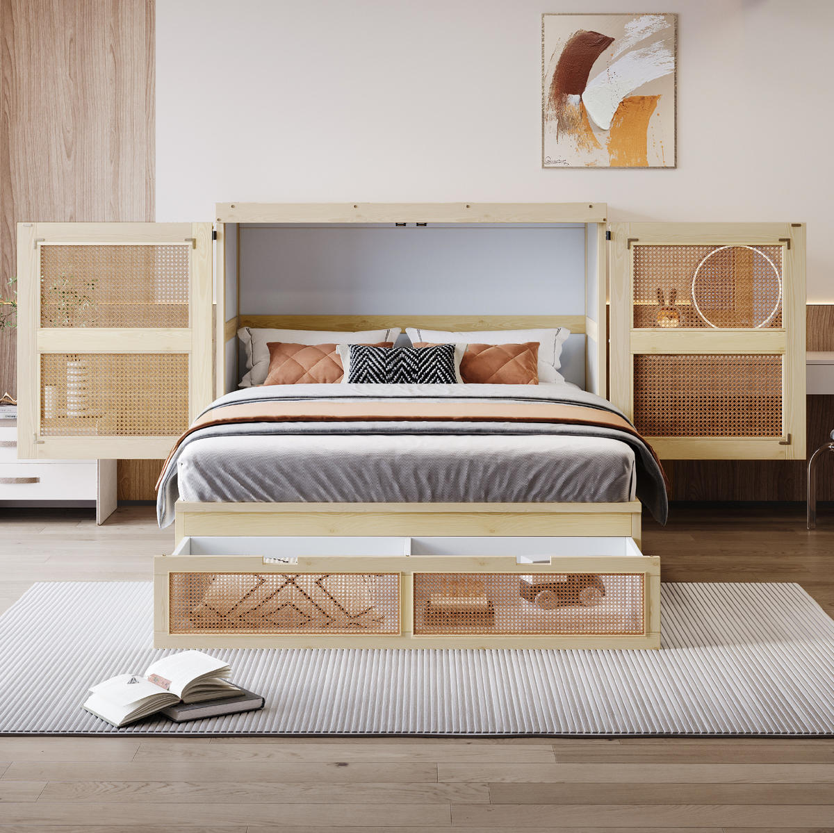 KREVET na preklapanje 140/200 cm s Rattan dizajnom, velikim spremištem i širinom 60 cm kad je sklopljen, Prirodna drvena boja - prirodne boje, drvni materijal (140/200cm) - Redom