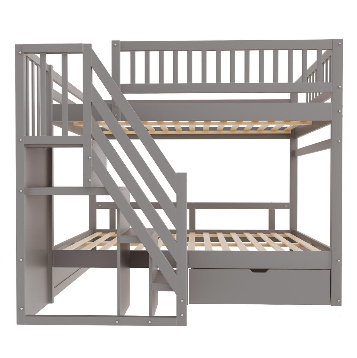 ETAGENBETT 140/200 cm mit Stauraumtreppe, Schubladen und Lattenrosten, Grau - Grau, Holzwerkstoff (140/200cm) - Redom