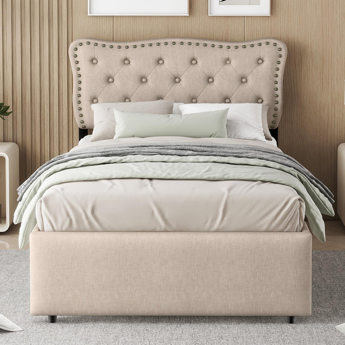 POLSTERBETT 90/200 cm dunkelbeige mit Schubladen und dekorativen Nieten - Beige, Textil (90/200cm) - OKWISH