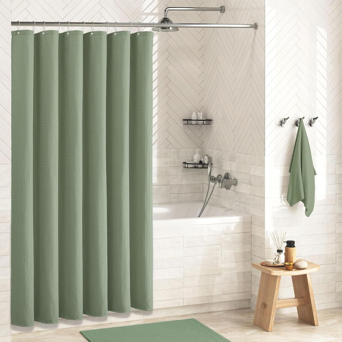 DUSCHVORHANG Grün Stoff dick strukturiert Waffelstruktur fürs Badezimmer 180 x 200 cm - Grün, Textil (200/180cm) - MCBOSON