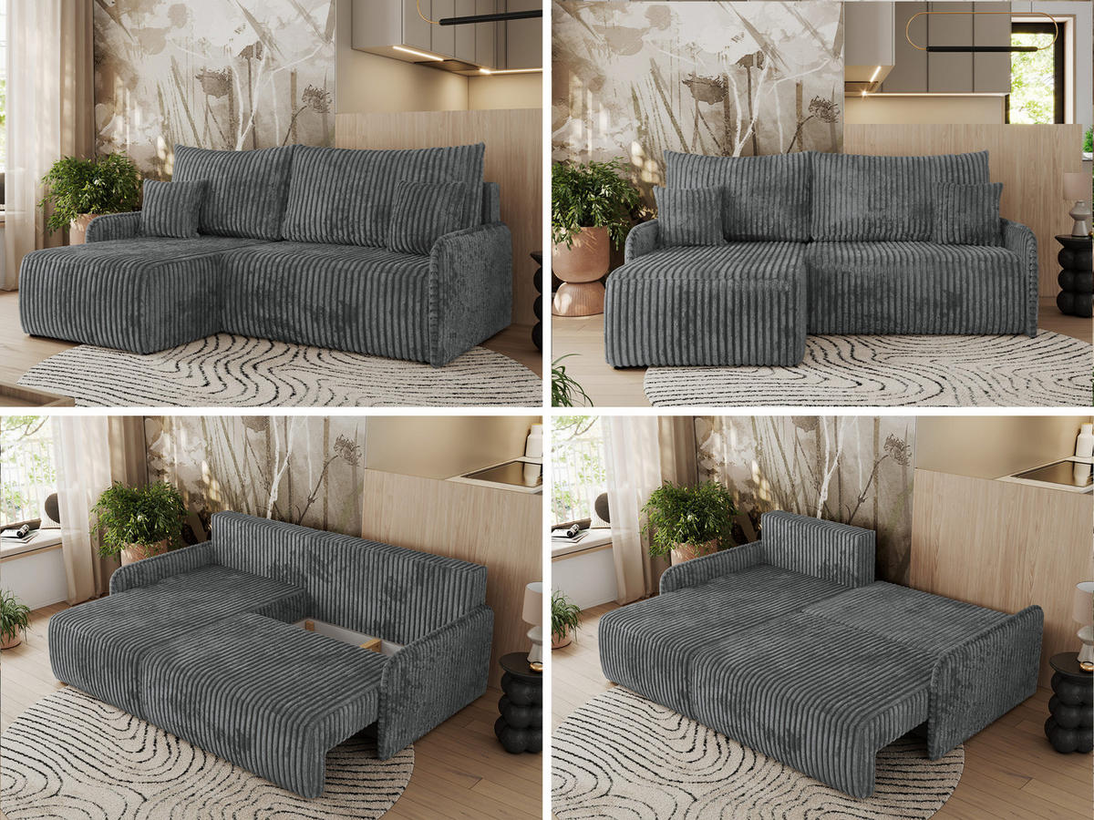 ECKSCHLAFSOFA ARPA L Dunkelgrau Cord - links - Dunkelgrau/Schwarz, Kunststoff/Textil (198/150cm) - MKS