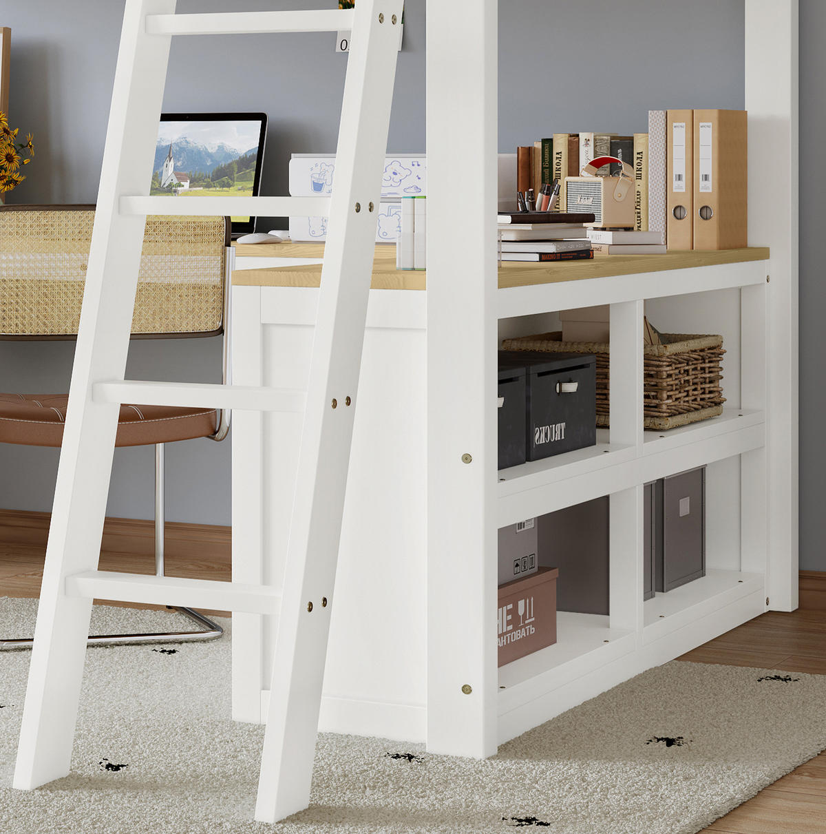 HOCHBETT 140/200 cm mit U-förmigem Schreibtisch, 2 Schubladen, Regal und Schrägleiter, Kiefer/MDF, Weiß/Natur - Weiß, Holzwerkstoff (140/200cm) - Redom