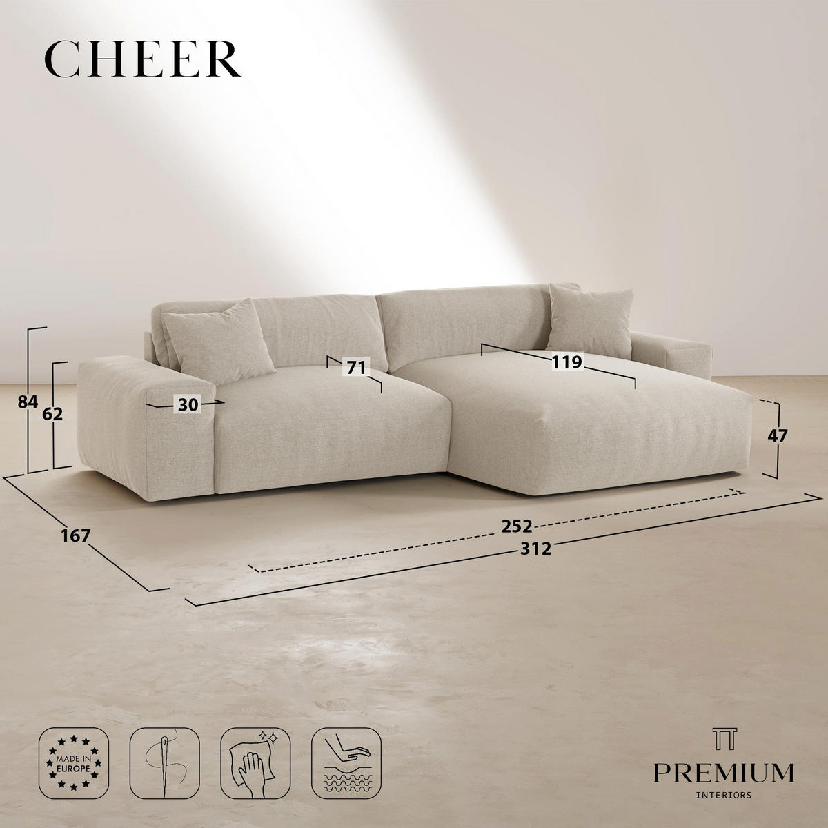 ECKSOFA rechtwinklig CHEER Geprägter Samt Vintage-Grün 312cm - Dunkelgrün/Grün, Textil (312/167cm) - Premium Interiors