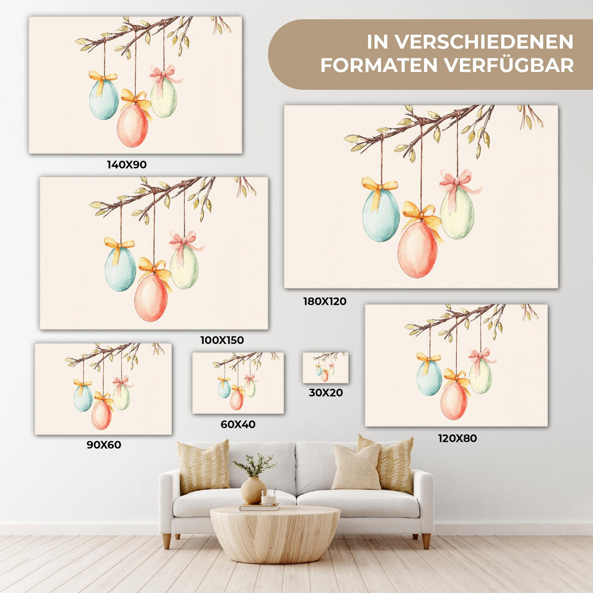 LEINWANDBILD Osterkuchen - Schleife - Eier XXL 150x100 cm - Creme, Textil (150/100cm) - MuchoWow