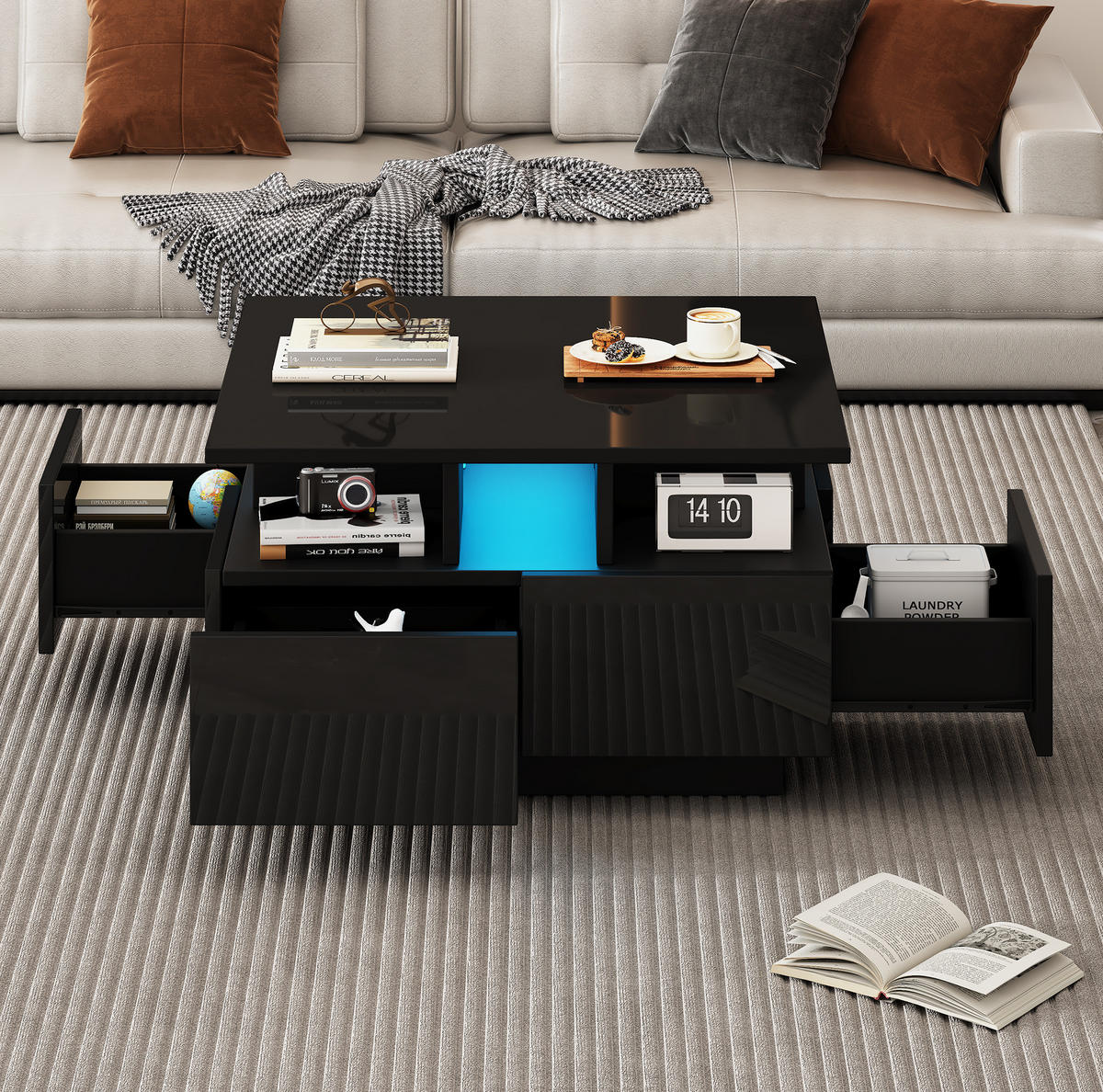 COUCHTISCH aus Spanplatte 70x70x40 cm Schwarz mit LED-Beleuchtung, 4 Schubladen und Hochglanzoberfläche - Schwarz, Holzwerkstoff (70/70/40cm) - Modfu