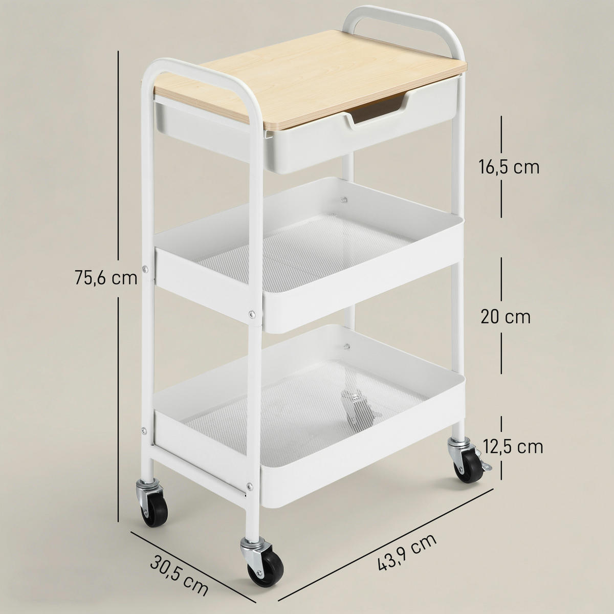 KÜCHENWAGEN DE-08493 2 Regale + Schublade mit Rollen Weiß - Weiß, Kunststoff (30.5/75.6/43.9cm) - ComfortXL
