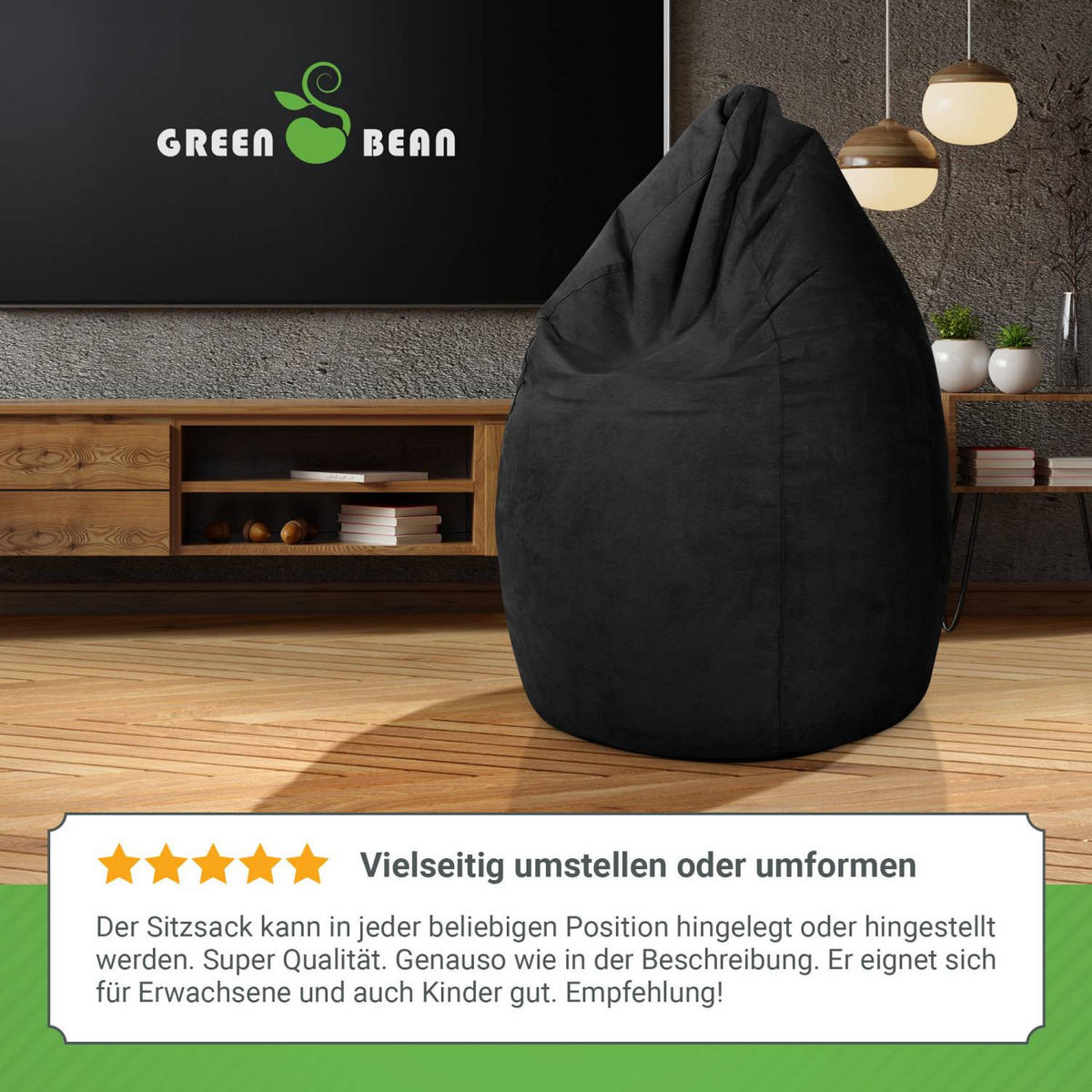 SITZSACK "Drop" 60x60x90cm - 220L - Schwarz, Textil (60/90/60cm) - Green Bean