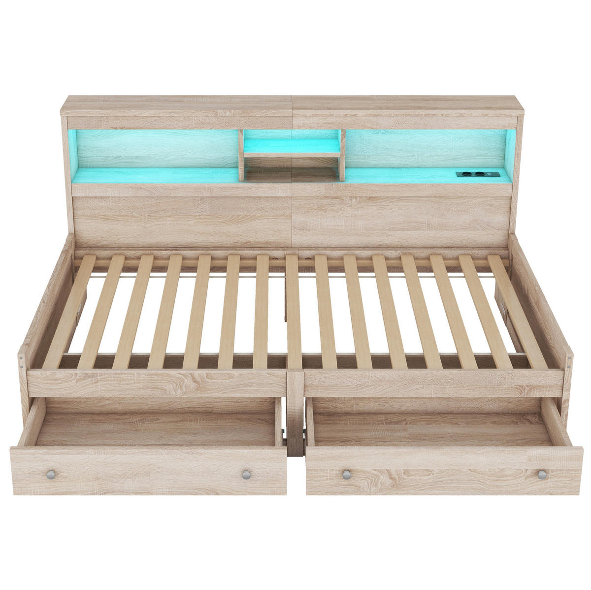 KINDERBETT 90/200 cm in Natur mit LED-Beleuchtung und 2 USB-Anschlüssen - Naturfarben, Holzwerkstoff (90/200cm) - Flora Grace