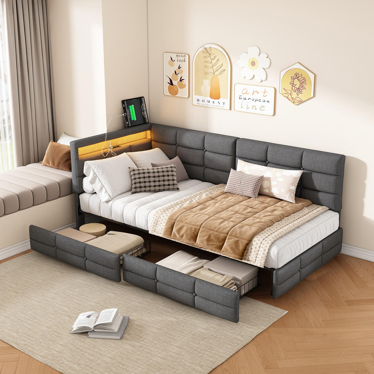 POLSTERBETT 90/200 cm grau mit Schublade, LED und USB - Grau, Holz
