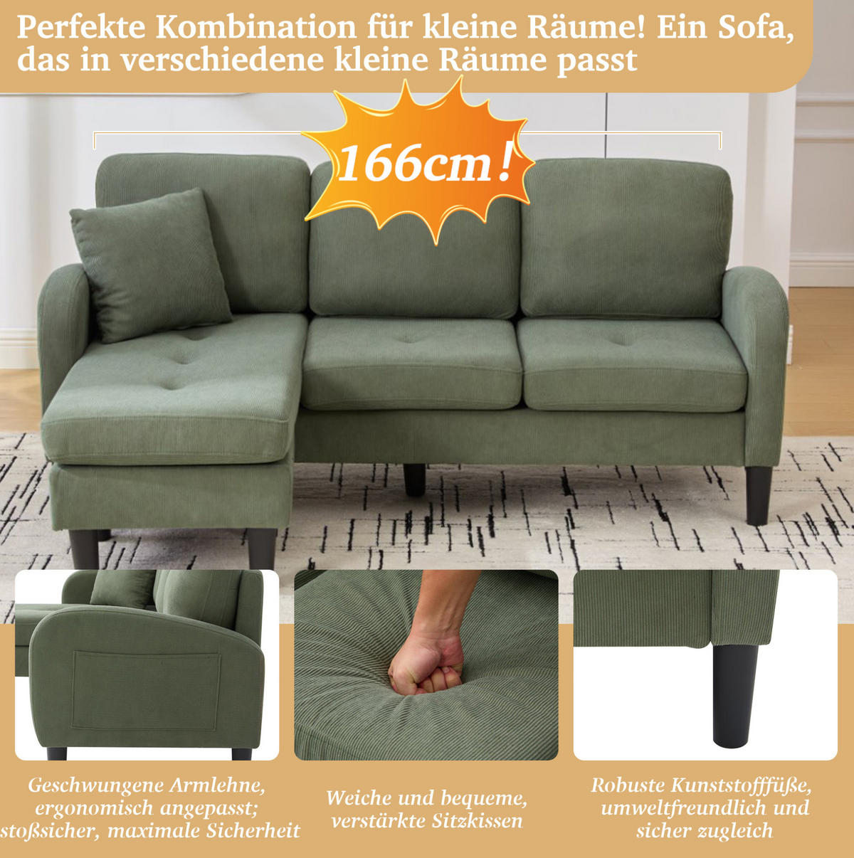 ECKSOFA 166/118/77 cm Grün aus Cord mit Chaiselongue - Grün, Textil (118/166cm) - OKMYHOME