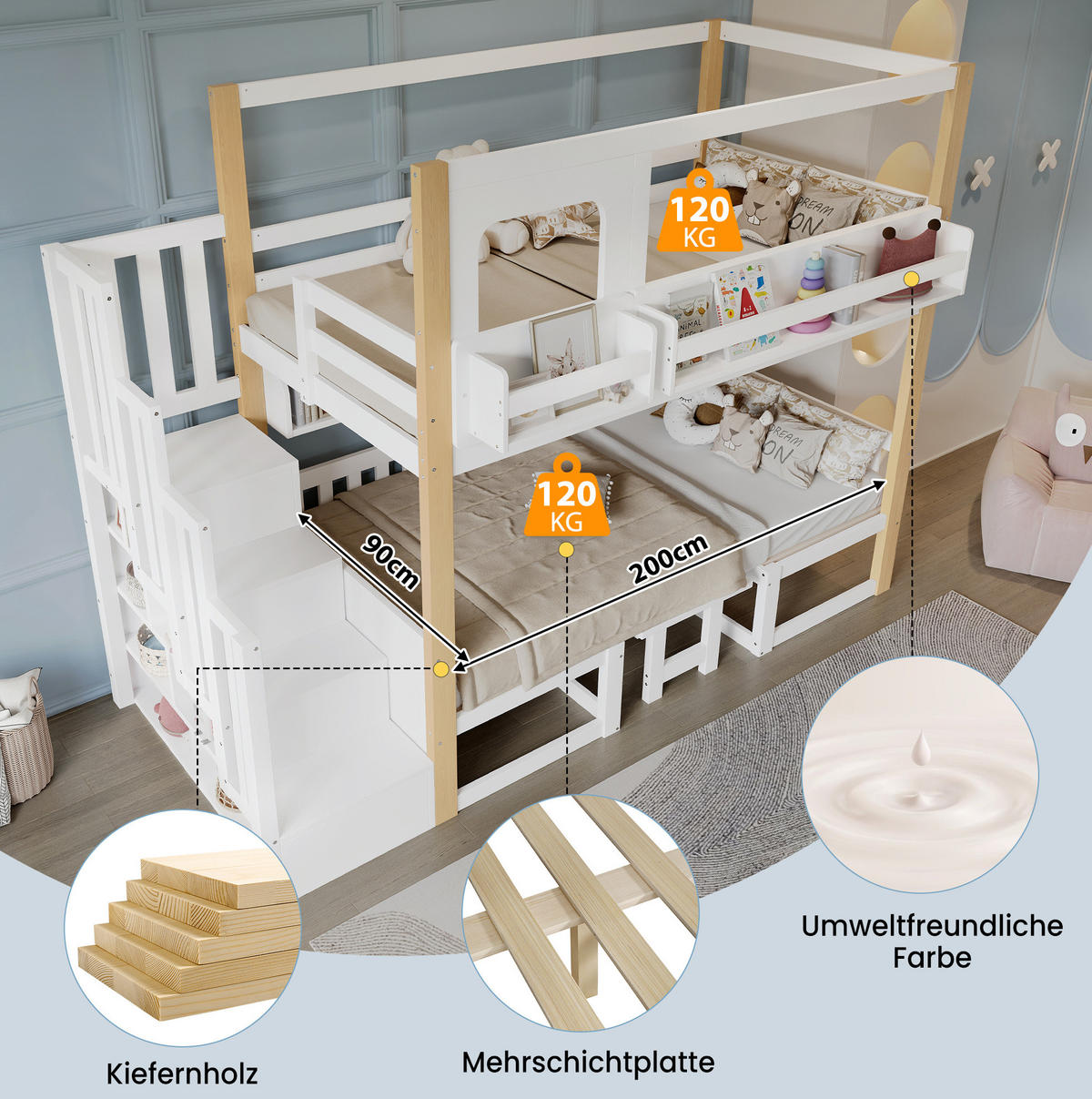 ETAGENBETT 90/200 cm mit Klapptisch, Aufbewahrungstreppe und Bücherregal, Kiefer/MDF, Weiß/Natur - Weiß, Holz (90/200cm) - Redom