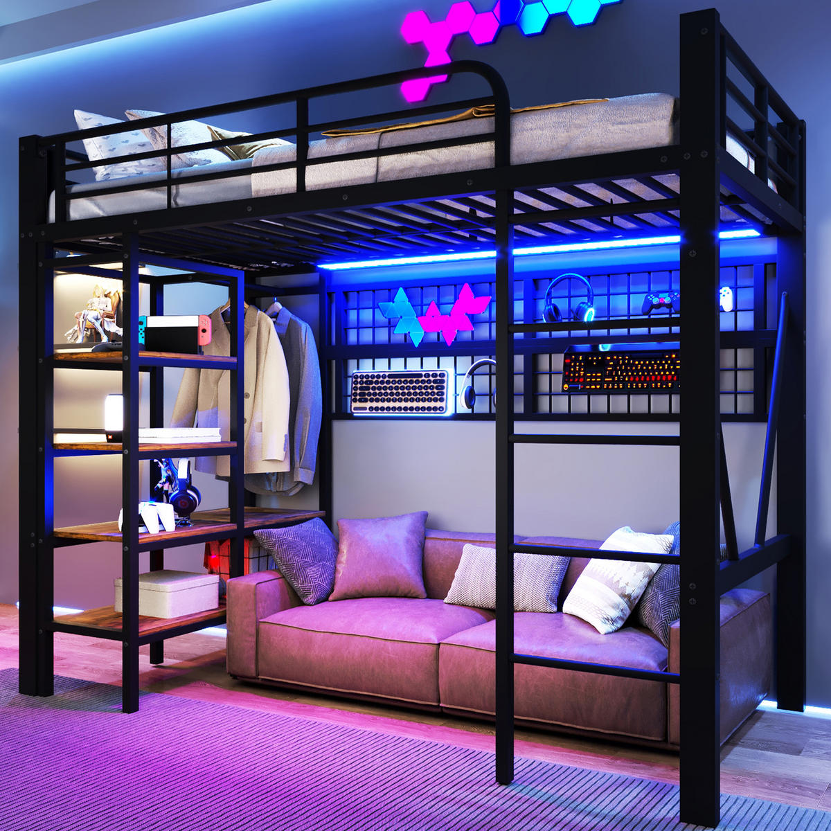 HOCHBETT 90/200 cm schwarz aus Metall mit App-steuerbarer LED-Leiste und Kleiderstange - Schwarz, Metall (90/200cm) - OKWISH