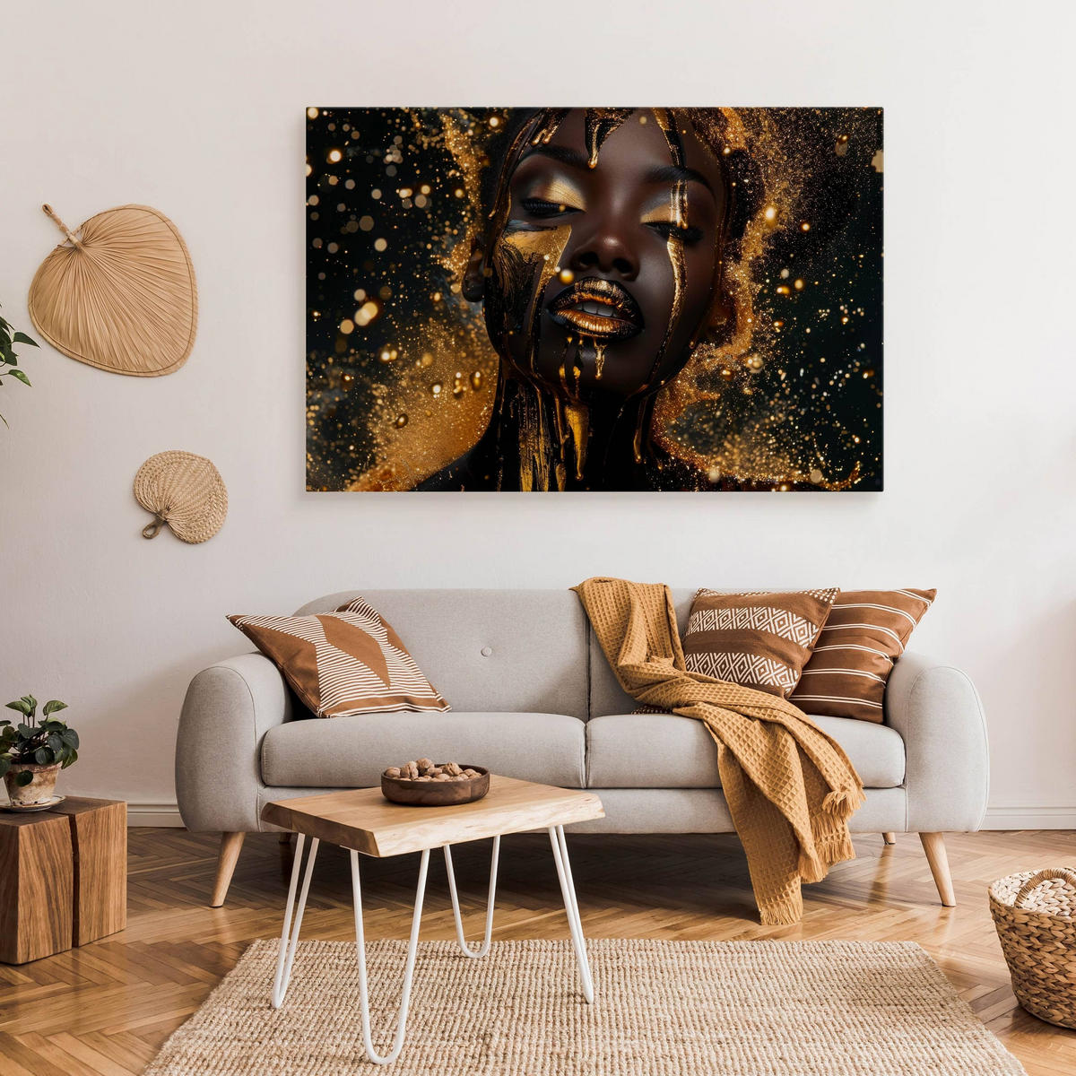 LEINWANDBILD für Wohnzimmer Porträt Frau Abstraktion Glamour 90cm x 60cm - Beige/Schwarz, Textil (90/60cm) - Muralo