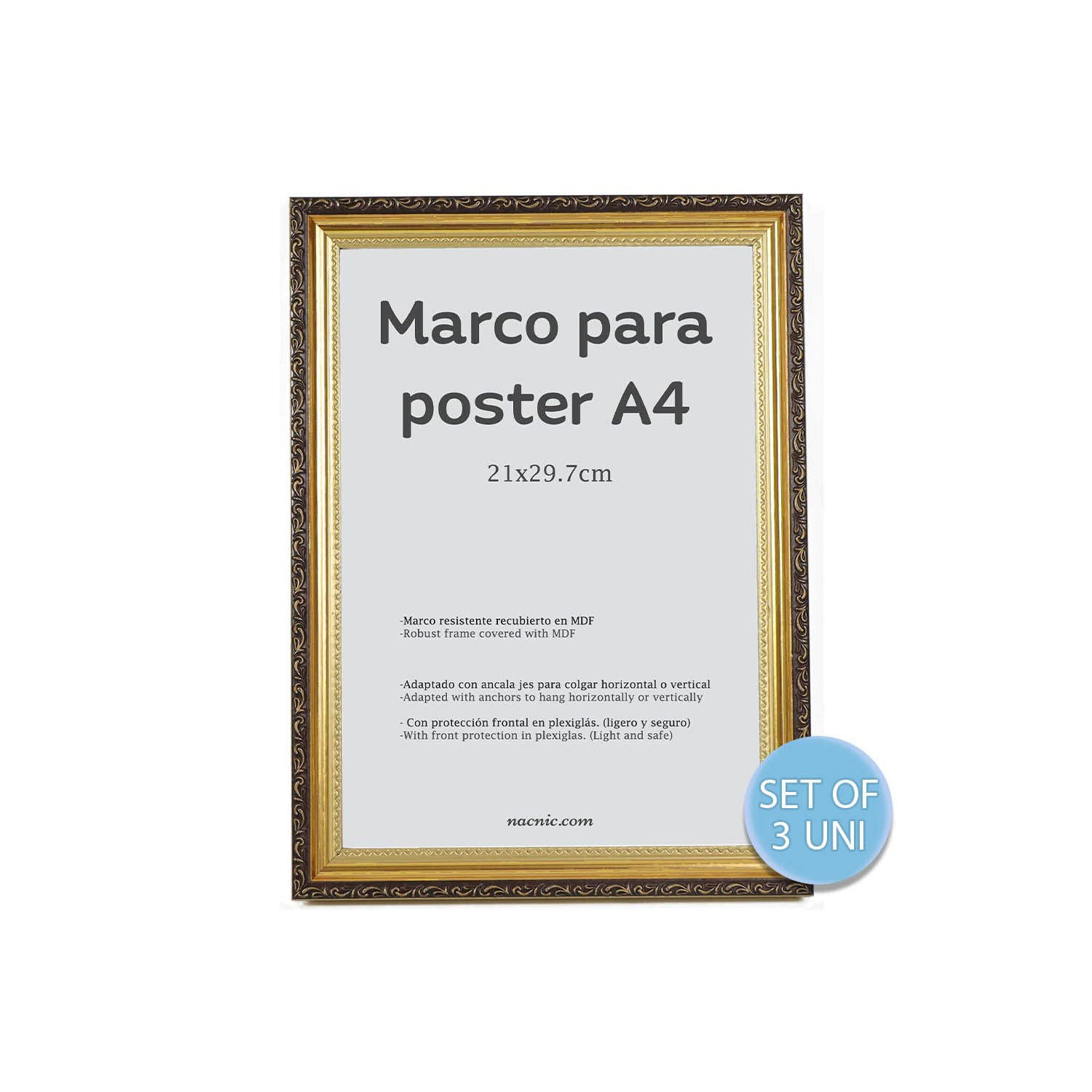 RAHMEN Set mit 3 aus MDF und Acrylglas Schutz und Aussteller für Fotografien, Bilder, Poster, Gemälde, Dekoration für Haus Farbe Hellholz A4 - Beige, Holz (21/3/29.7cm) - Nacnic