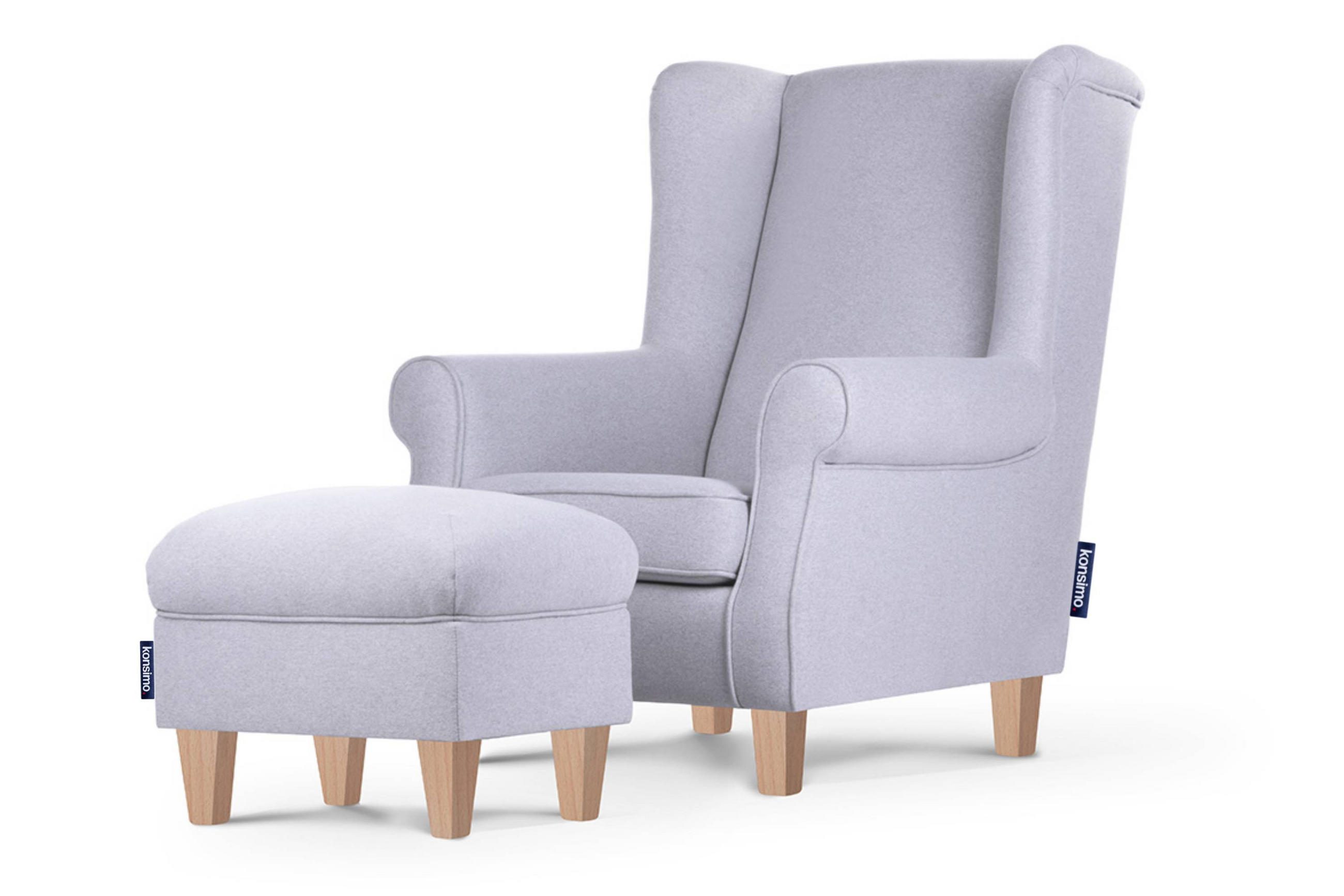 OHRENSESSEL-SET MILES inkl. Sitzhocker, hellgrau - Eichefarben/Hellgrau, Holzwerkstoff/Buchenholz (82/105/97cm) - KONSIMO®