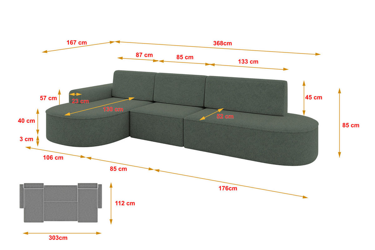 ECKSOFA mit Schlaffunktion Ottomane Links MARI L2-S 368X167X85 Grün Velours - Schwarz/Hellgrün, Holzwerkstoff/Kunststoff (368/167cm) - ALTDECOR