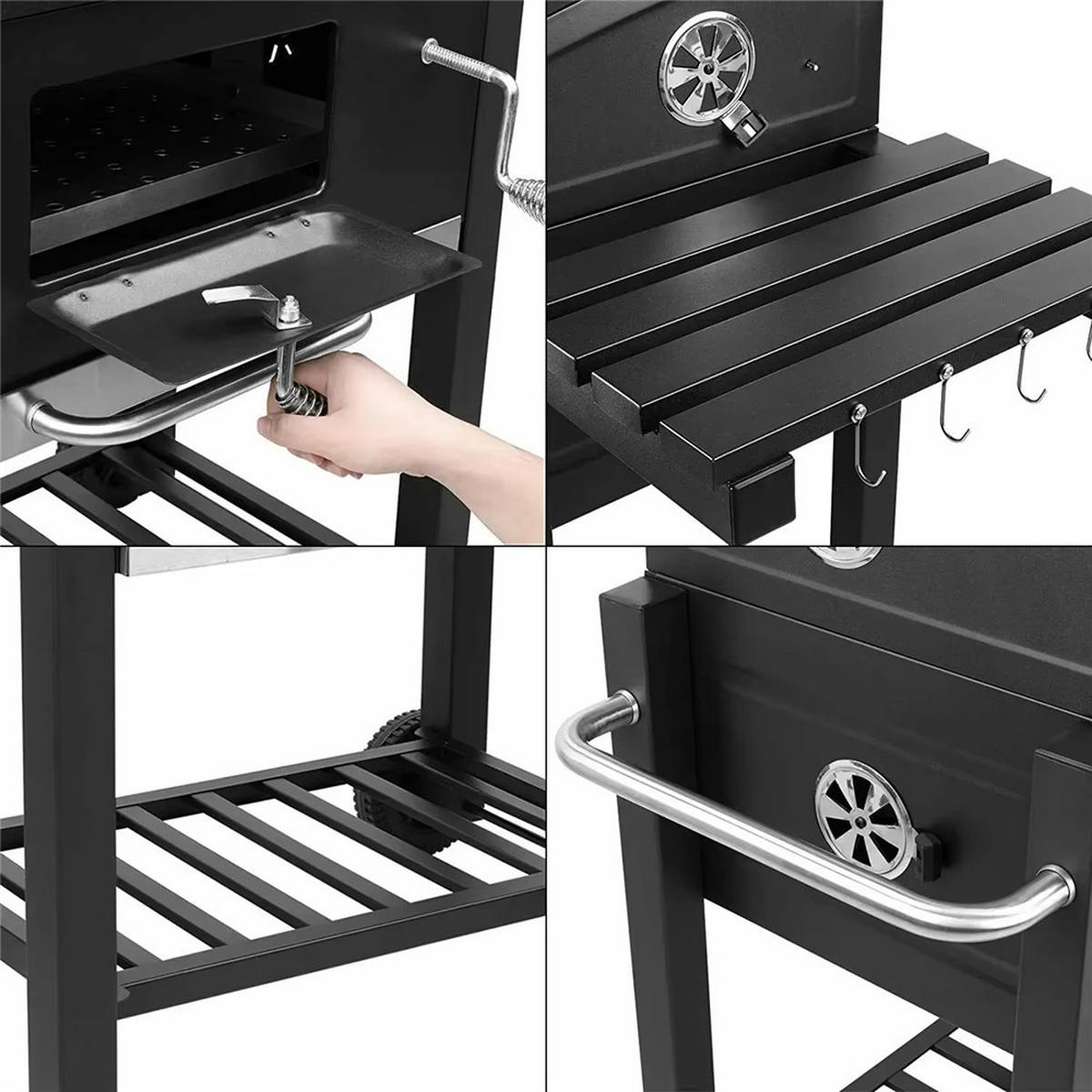 HOLZKOHLEGRILL BBQ für 5–10 Personen mit 2 Rädern - Schwarz, Metall (116/82.6/55.7cm) - Kaket