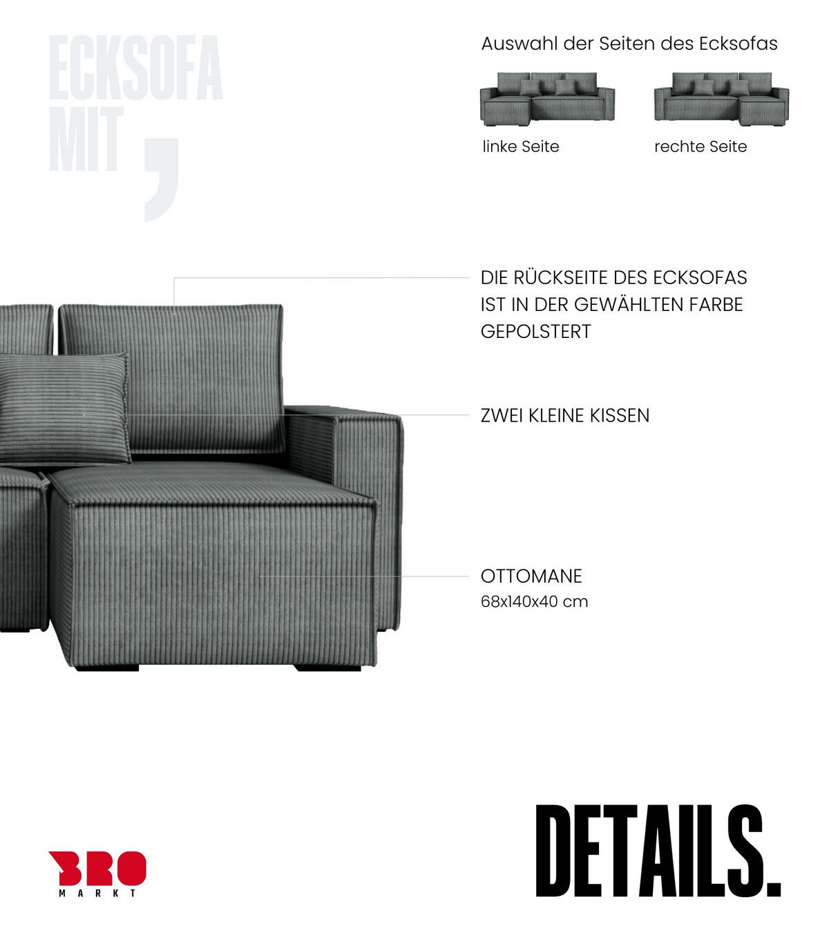 ECKSOFA Dexter mit Schlaffunktion Grau Cord - Grau, Textil (238/141cm) - Bromarkt