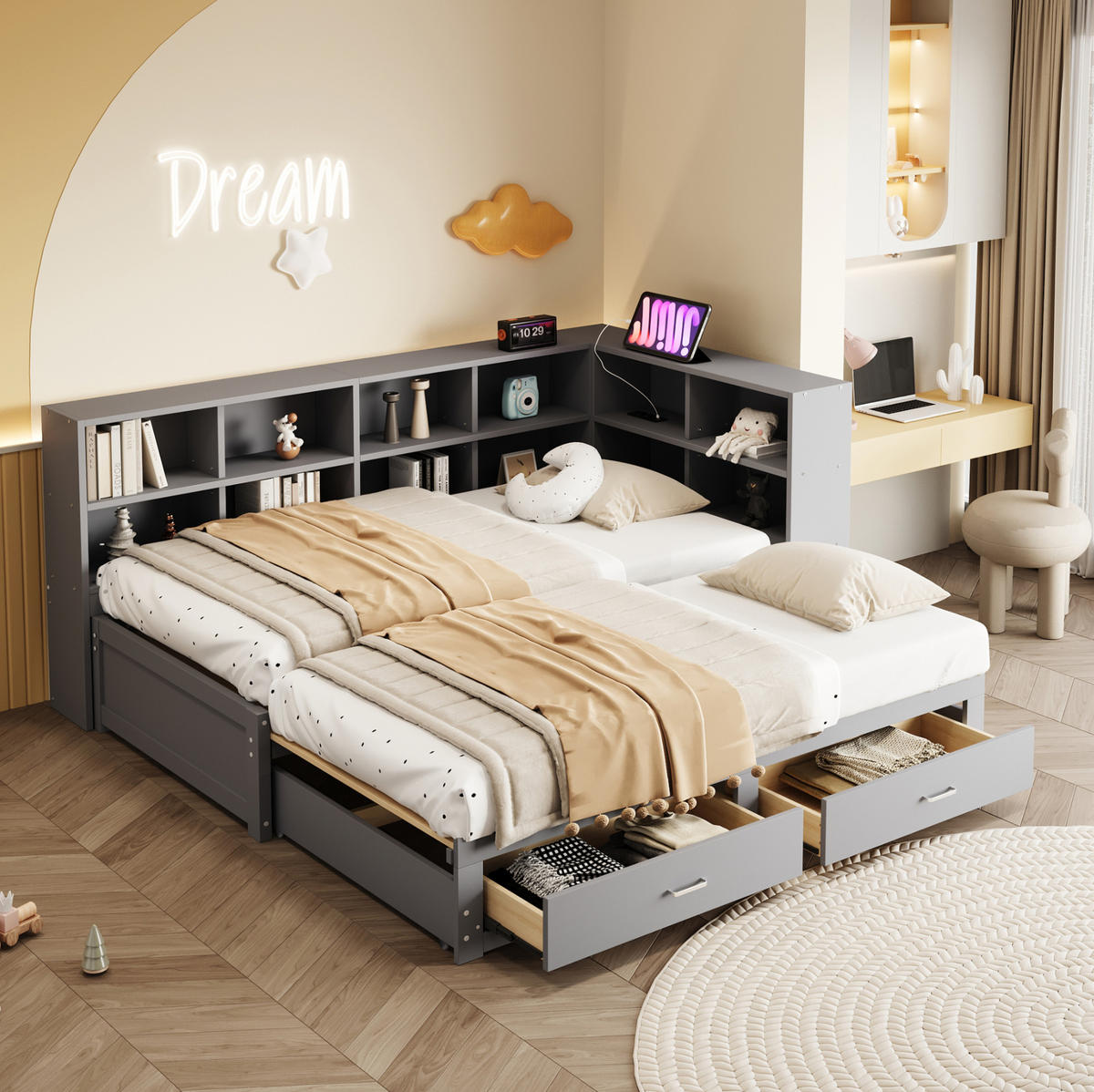 FUNKTIONSBETT 90/190 cm mit Ausziehbett, Stauraum und Steckdose, Grau - Grau, Holzwerkstoff (90/190cm) - Redom