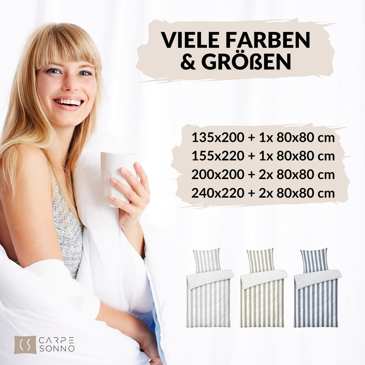 WENDE-BETTWÄSCHE Mako Perkal 240x220 cm aus 100% Baumwolle mit Reißverschluss, 3 teilig Bettbezug gestreift 240 x 220 - Blau - Blau, Textil (240/220cm) - Carpe Sonno