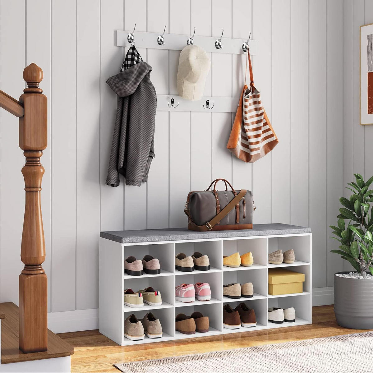 GARDEROBE Weiß Wandgarderobe Set mit 9 Haken - Weiß, Holzwerkstoff (100/48/30cm) - Hoobro