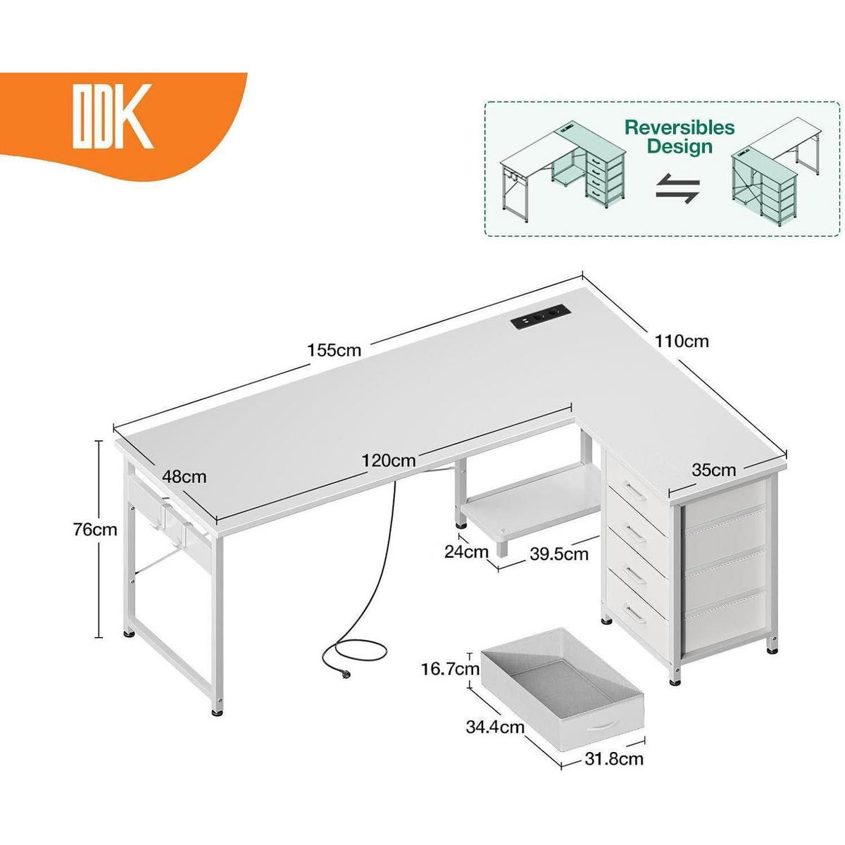 ECKSCHREIBTISCH mit Steckdose und USB 155 x 110 cm Weiß - Weiß, Metall (110/155/76cm)
