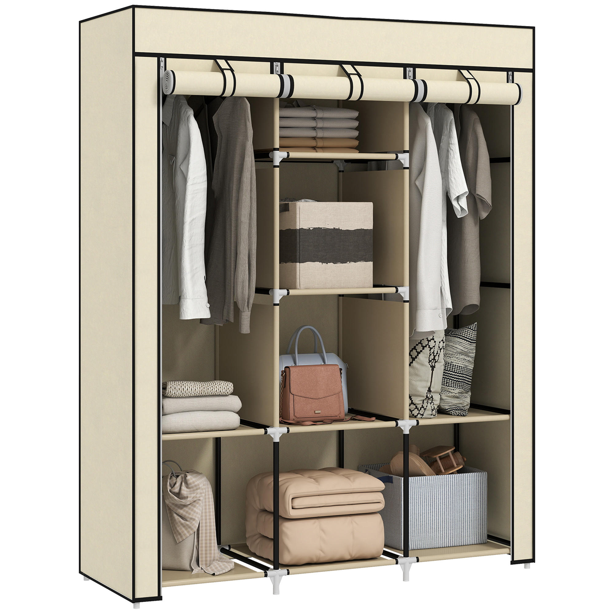 STOFFSCHRANK mit 8 Regalen und 2 Kleiderstangen, praktische Aufbewahrungslösung für Kleidung, Cremeweiß - Creme, Metall (125/162.5/43cm)