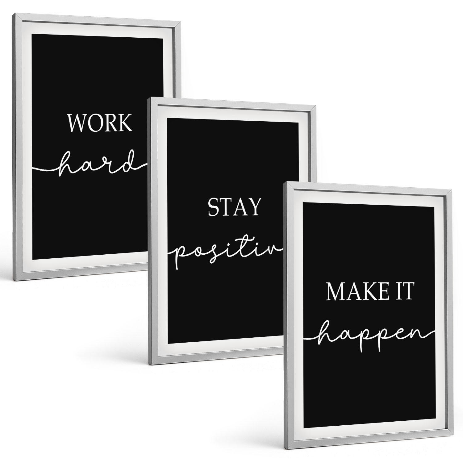BILDER SET 3er Set - 40x60 cm Silberner Rahmen - Elegante Motive auf schwarzem Grund - Silberfarben, Kunststoff (40/60cm) - TULUP