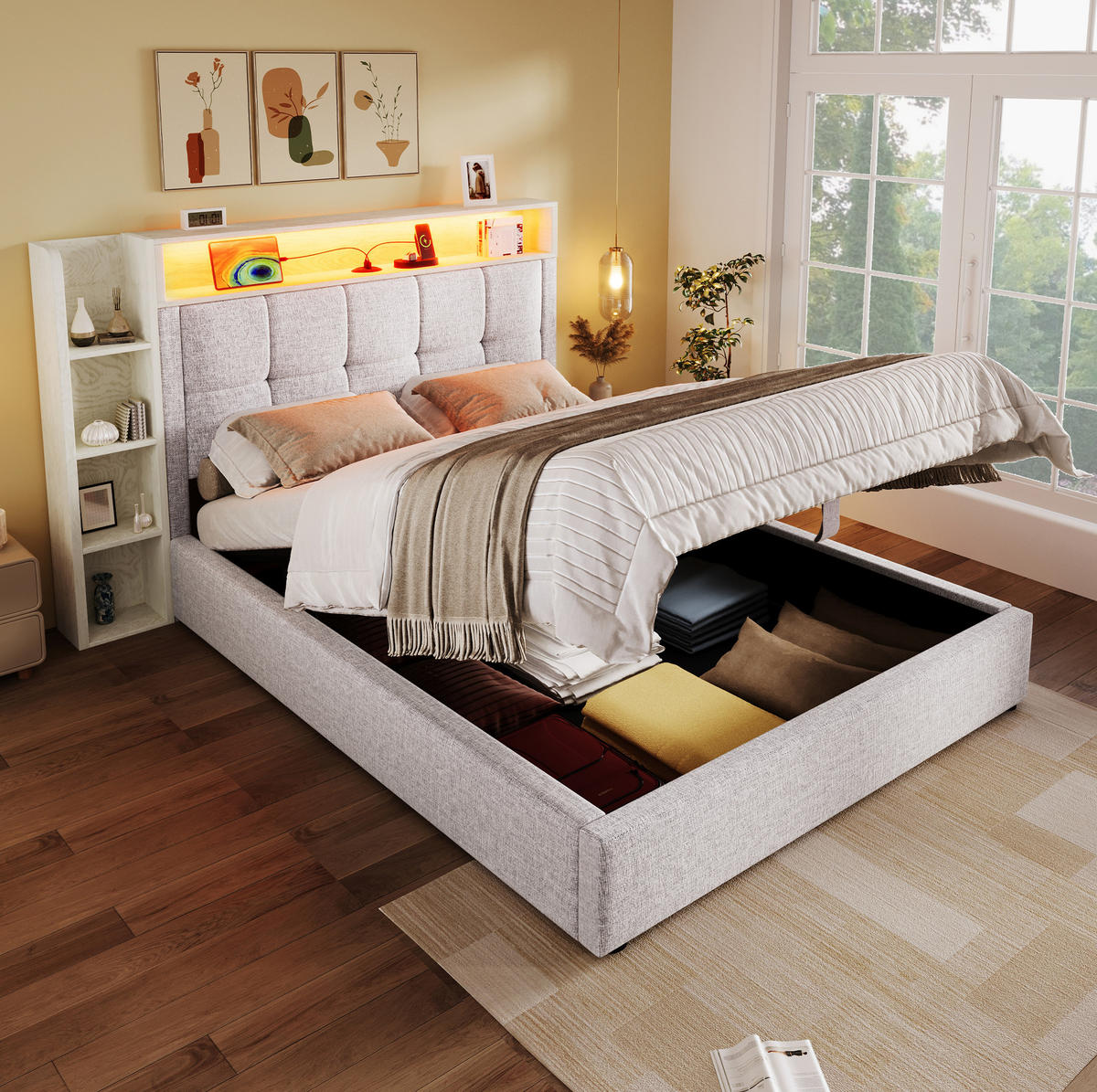 POLSTERBETT 90/200 cm mit Bettkasten, LED-Beleuchtung und USB/Typ-C in Beige - Beige, Textil (90/200cm) - BEAOK