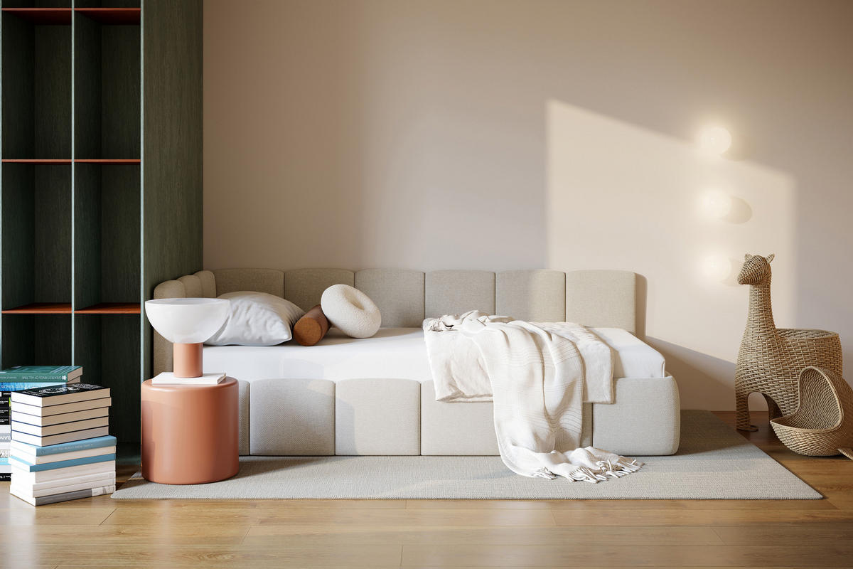 POLSTERBETT AURO mit Bettkasten, Einzelbett, links - 90x200 cm - Kaschmir/Beige, Holz/Textil (90/200cm) - mybed.