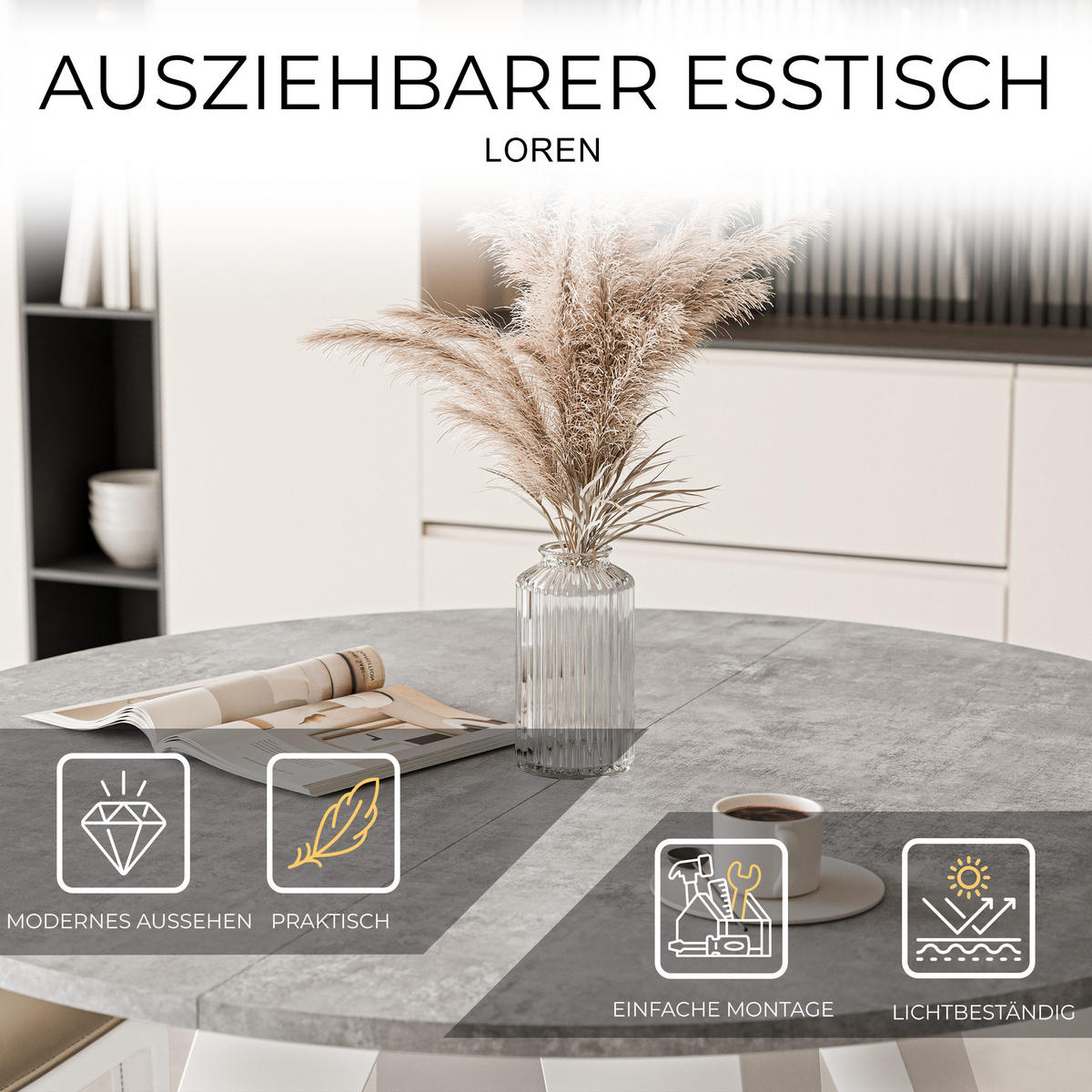 ESSTISCH ausziehbar auf MDF, Grau - Weiß/Grau, Holzwerkstoff (90/90/76cm) - Idohome