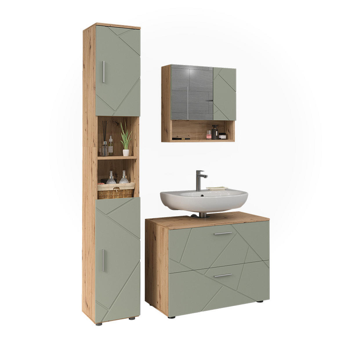 BADMÖBEL-SET Irma Salbeigrün 3 Teile - Salbeigrün, Holzwerkstoff (80/58.6/41cm) - Vicco