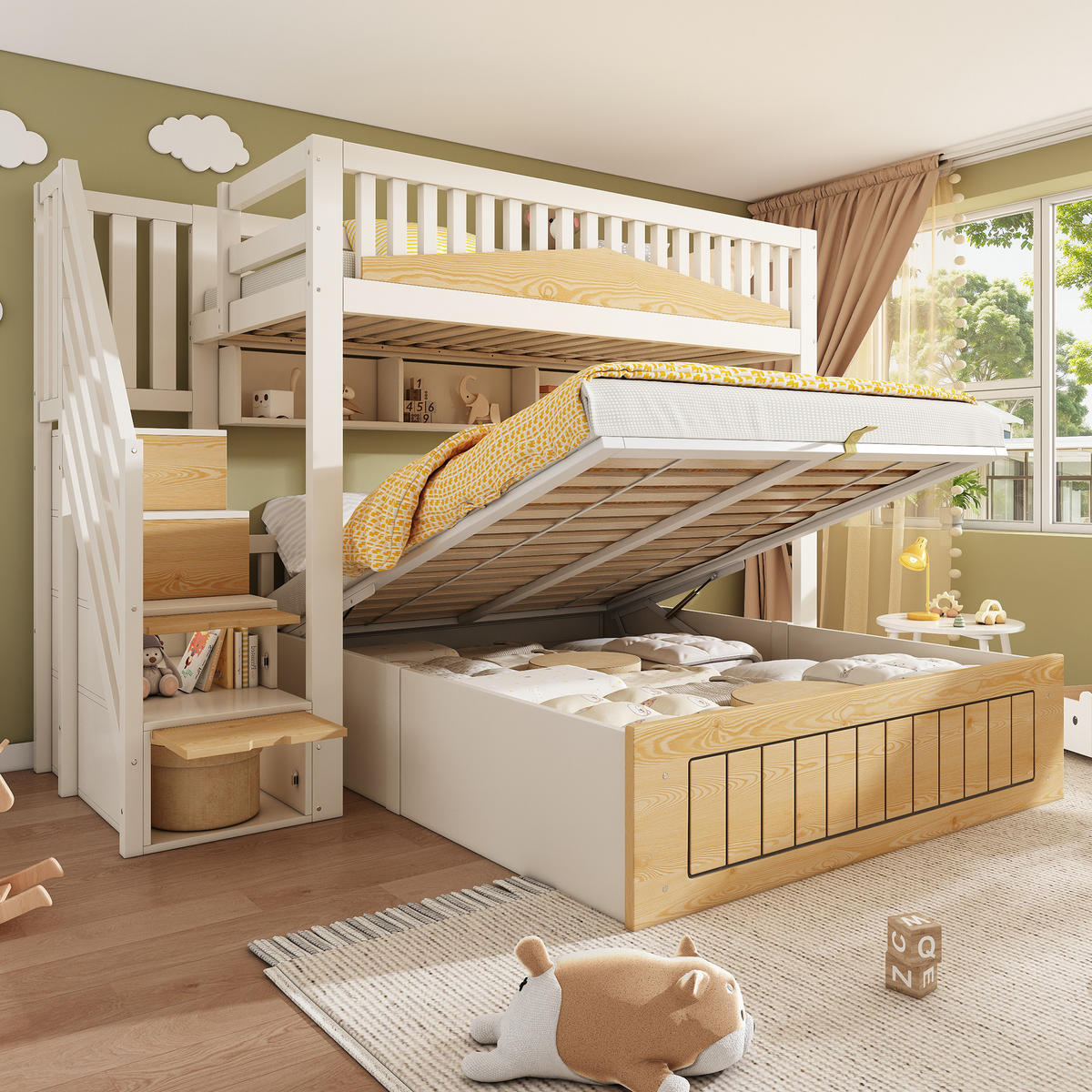 ETAGENBETT 90/140/200 cm mit Stauraum, Treppenschrank und USB/USB-C, Weiß/Natur - Weiß, Holzwerkstoff (90/200cm) - Redom