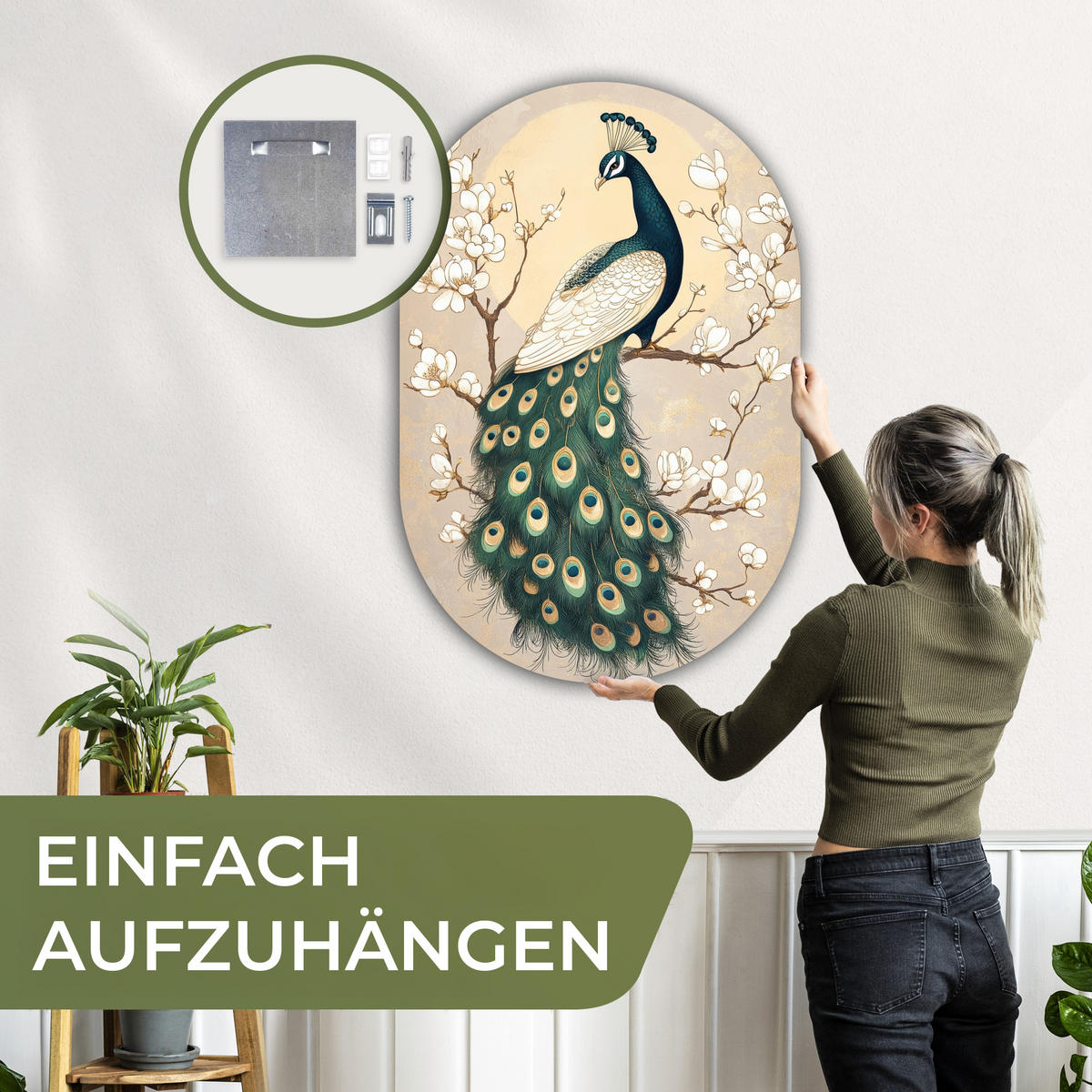 WANDBILD Pfau - Zweig - Blumen 80x120 cm - Champagner, Kunststoff (80/120cm) - MuchoWow