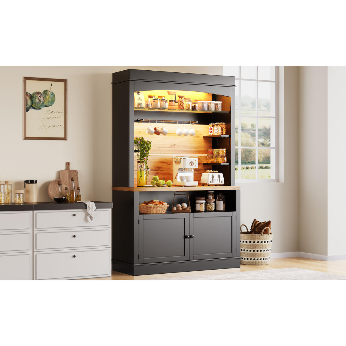 KÜCHENSCHRANK 107x43x184 cm, LED-Beleuchtung, 2 Türen, offene Regalfächer, Schwarz - Schwarz, Holzwerkstoff (107/184/43cm) - FOHERE