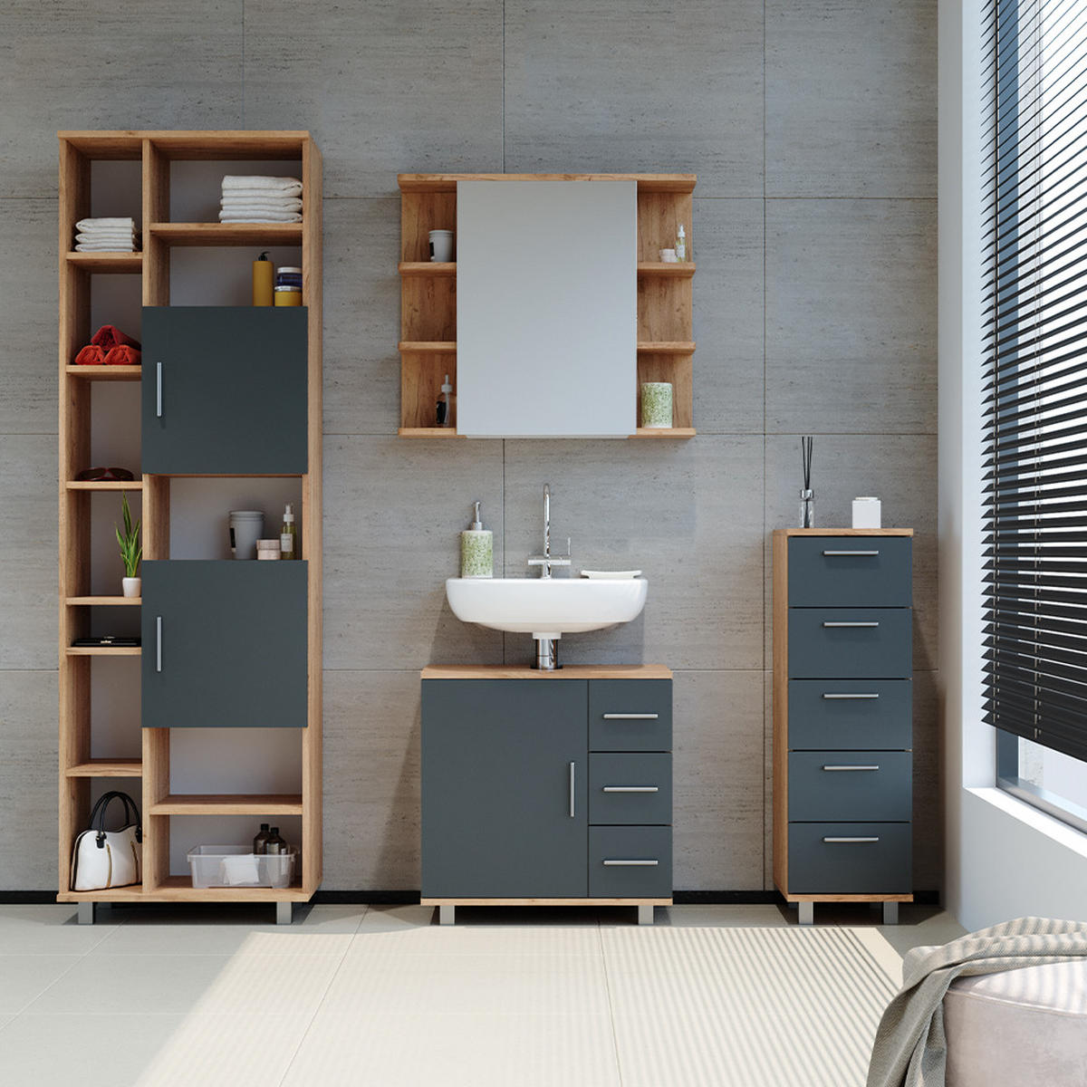 BADSCHRANK Ilias Goldkraft Eiche 60 x 190 cm - Honigeiche/Braun, Holzwerkstoff (60/190/30cm) - Vicco