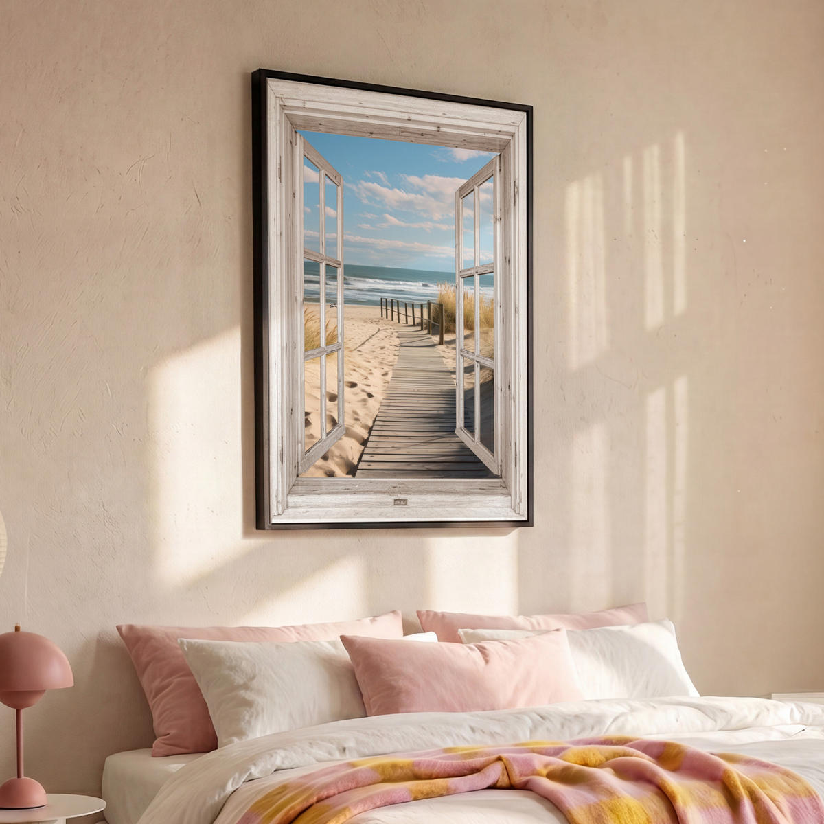 LEINWAND Bilder mit Rahmen - Fenster - Meer - Küste - Natur - Ausblick - Strand - Wattenmeer - 100x150 - Beige, Textil (100/150cm) - MuchoWow
