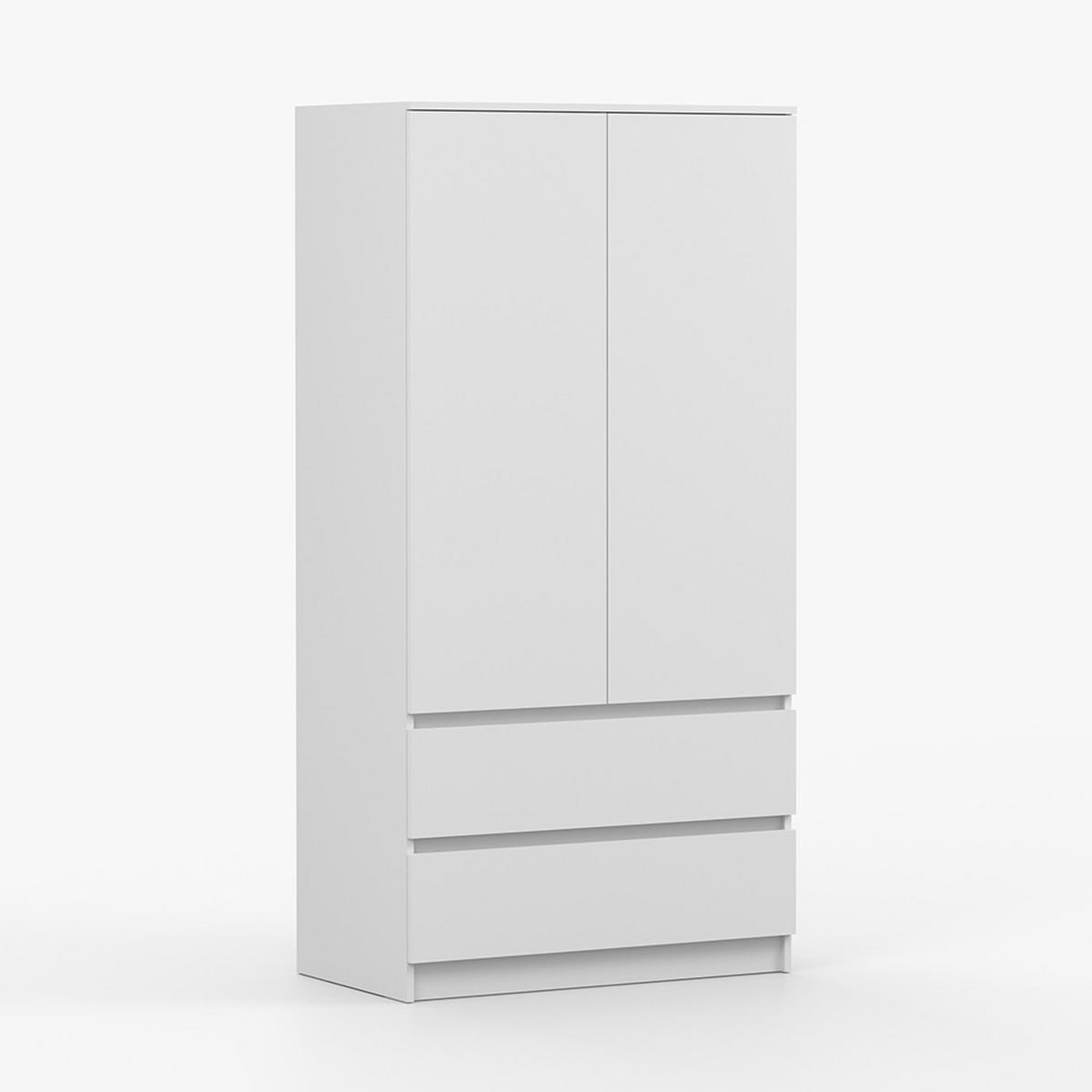 DREHTÜRENSCHRANK SOLO 2D2S, Schlafzimmer, Kleiderschrank Schrank 90 cm Weiß/Weiß, 2-türig, zwei Schubladen, grifflos - Weiß, Holzwerkstoff (90/180/50cm) - imoebel24