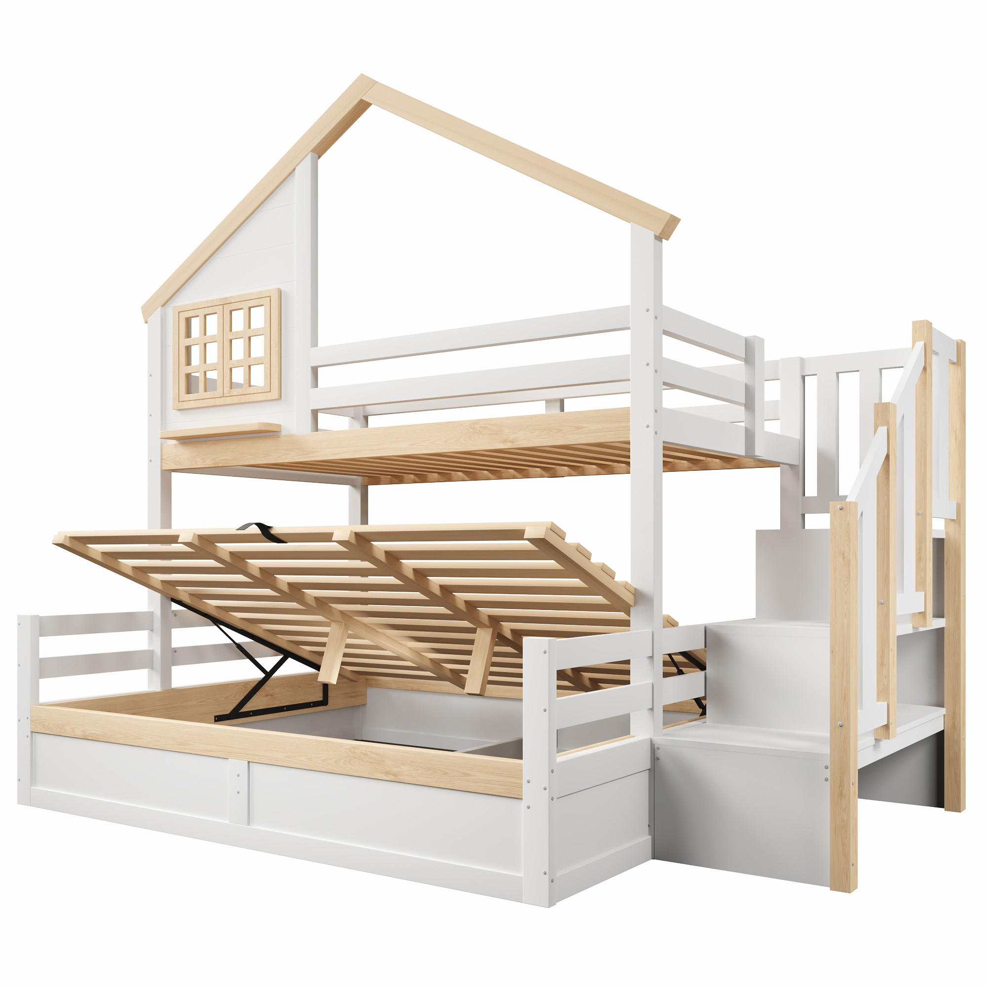 ETAGENBETT 90/200 cm & 140/200 cm in Weiß & Natur mit Stauraumleiter und Bettgitter - Weiß/Naturfarben, Holz/Holzwerkstoff (140/200cm) - CHICFURN