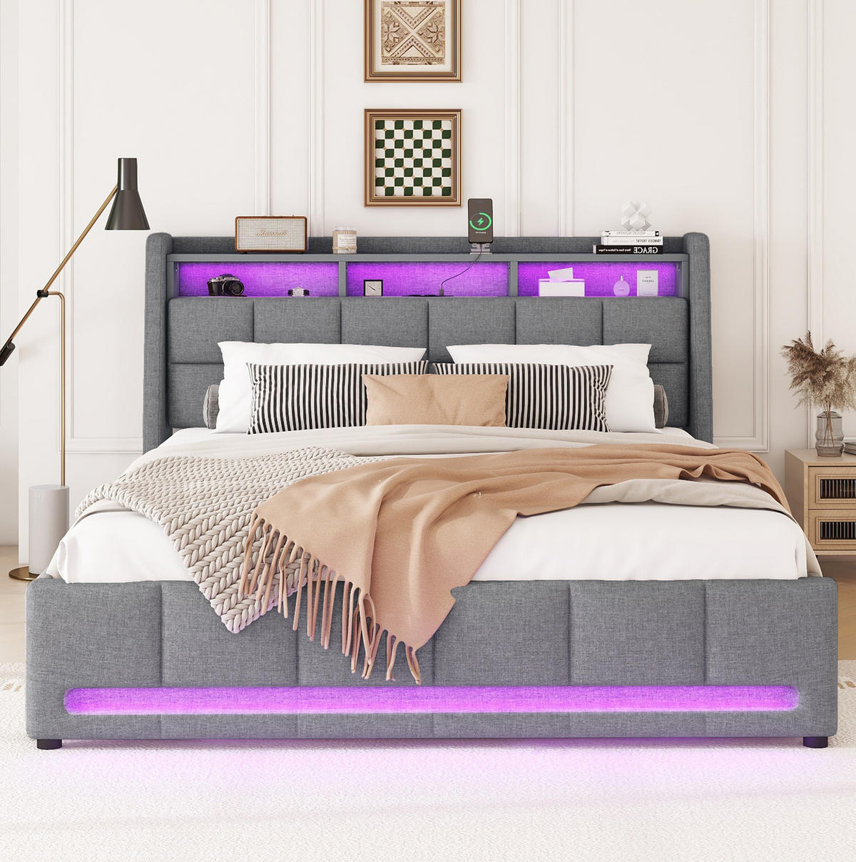 POLSTERBETT 140/200 cm Grau mit LED-Beleuchtung und Schubladen - Grau, Textil (140/200cm) - Flora Grace