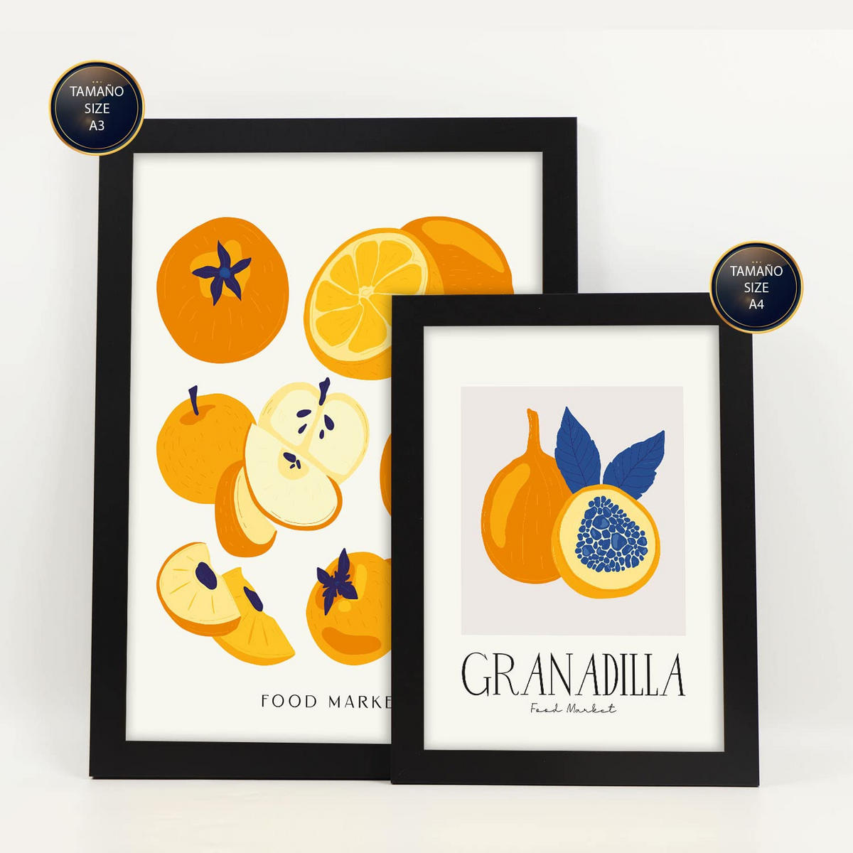 POSTER Set Mit 6 Lebensmittel Und Ernährungs Runde Früchte Natur Und Botanikdrucke Für Innenarchitektur A3 & A4 Schwarzer Rahmen - Schwarz, Papier (29/3cm) - Nacnic