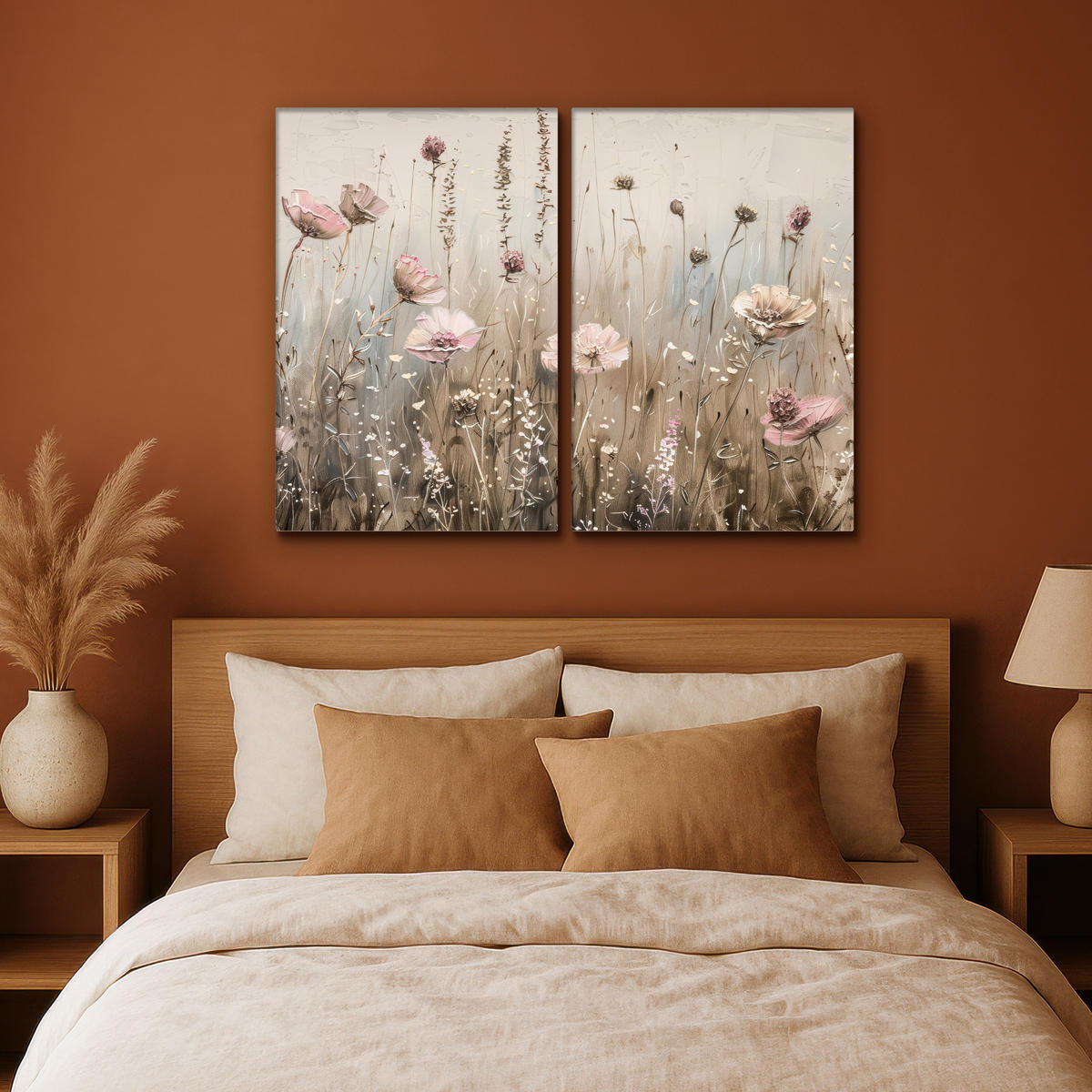 LEINWANDBILD 2er Set Blumen - Beige - Modern - Rosa 120x90 cm - Ecru, Textil (120/90cm) - MuchoWow