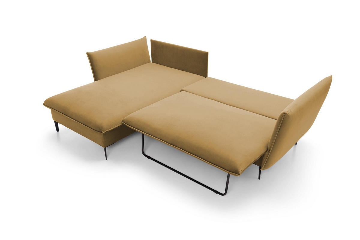 ECKSOFA GLOSS mit Schlaffunktion, Ottomane & goldenen Füßen – Samtsofa im GLOSSour-Stil mit Zierkissen, 258x167x91cm, Linke, LILA - Bordeaux, Holz/Textil (167/258cm) - DomoHome