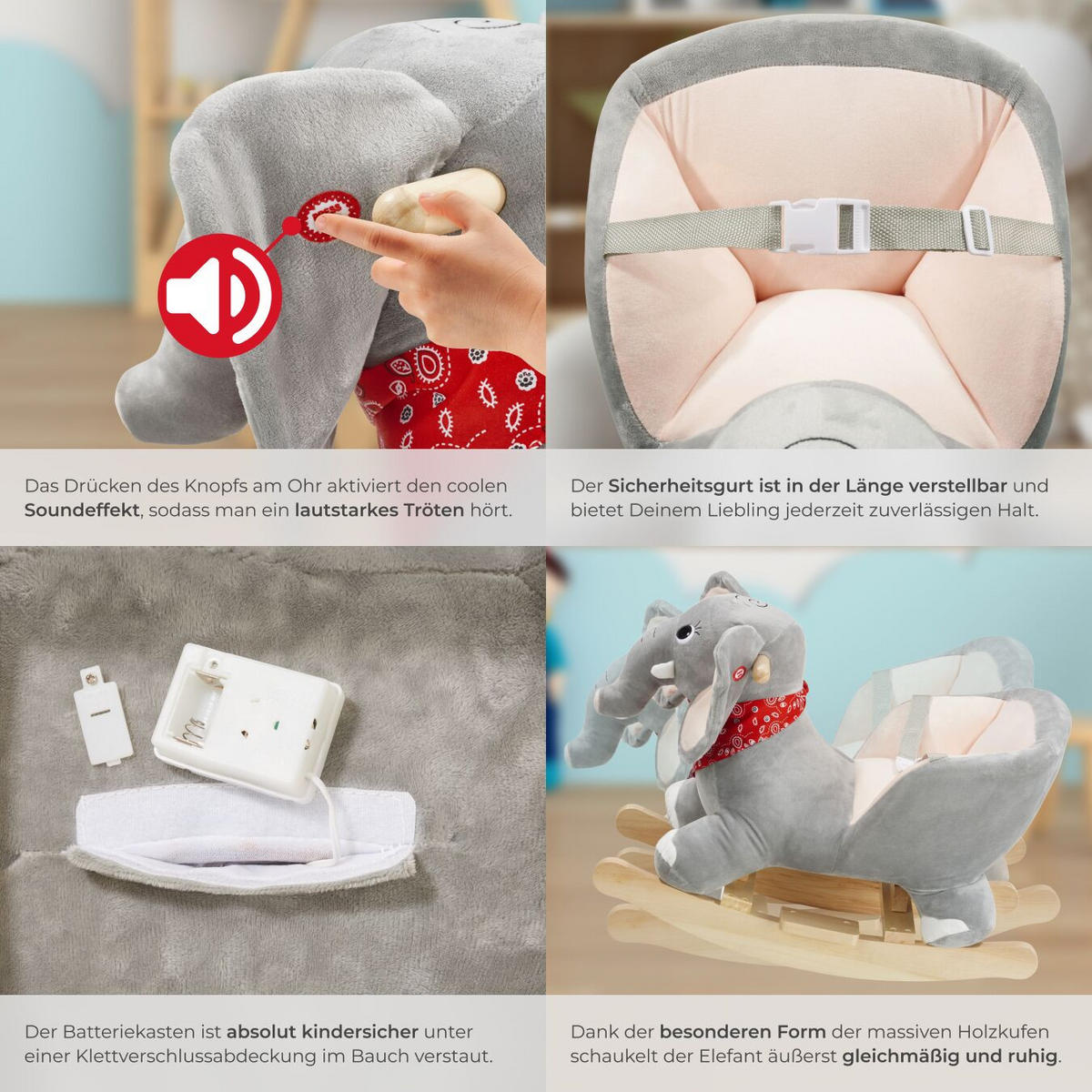 SCHAUKELTIER Elefant ,massive Holzkufen, ab 12 Monaten geeignet,grau - Grau, Kunststoff (33/45.5/63cm) - tectake