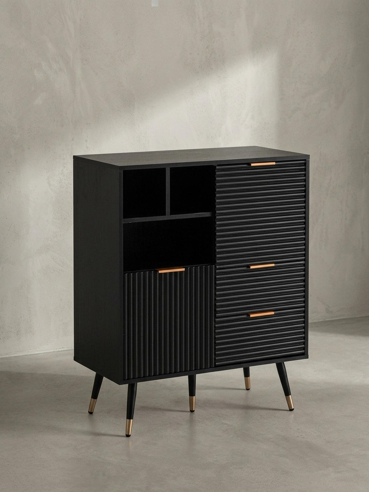 SIDEBOARD – Schwarz/Eiche-Dekor, 77x97x40 cm, mit Türen, Schubladen, Regal, Metallbeine - Goldfarben/Schwarz, Holzwerkstoff/Metall (77/97/40cm) - KADIMA DESIGN