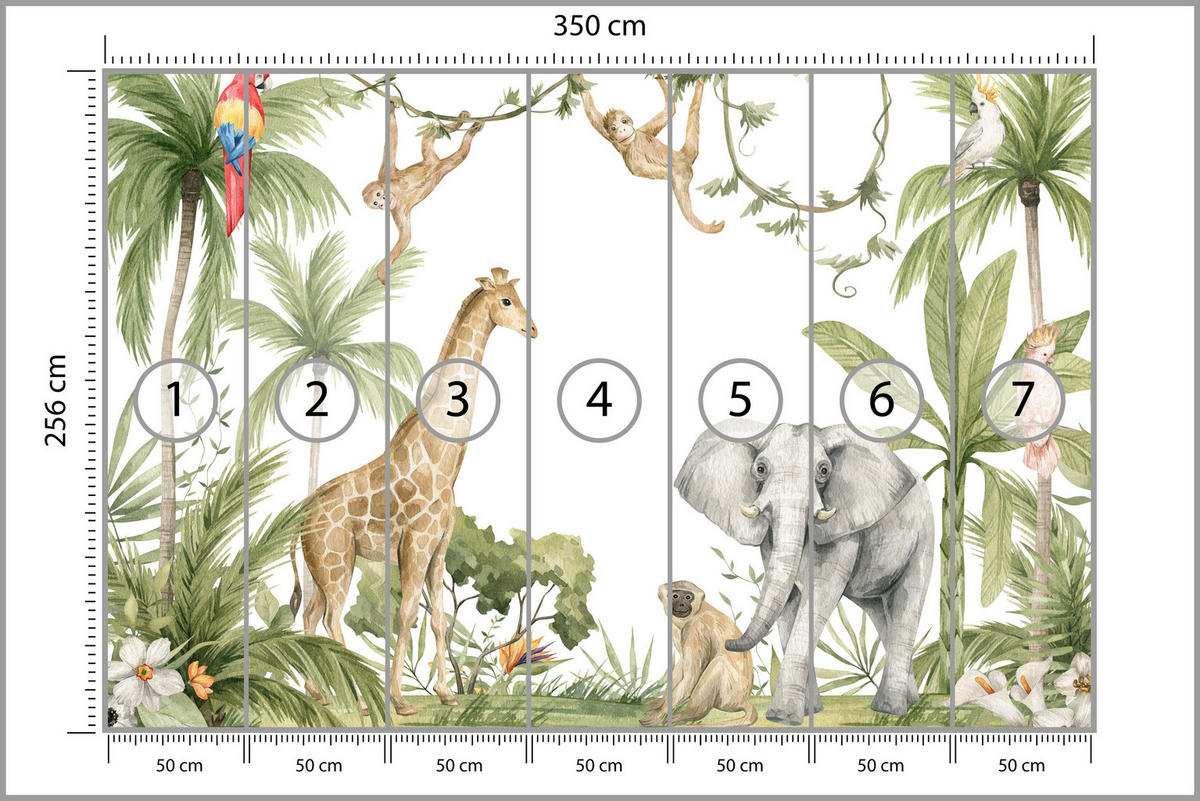 FOTOTAPETE für Kinderzimmer Dschungel Tiere Giraffe Elefant Palmen 350x256 - Beige/Rot, Papier (350/256cm) - Muralo