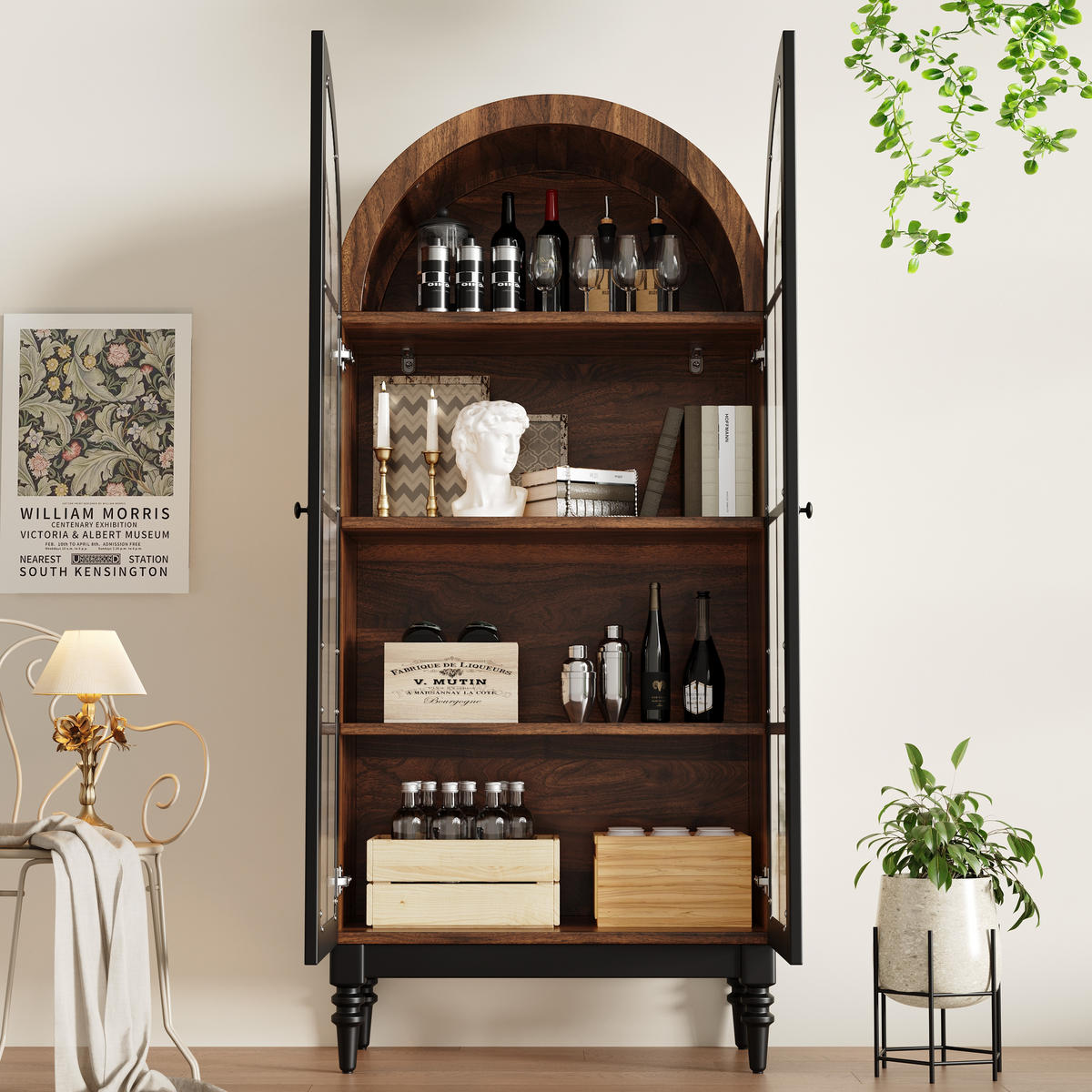 HOCHSCHRANK VITRINE Glastür Holzmaserung Bogen - Schwarz, Holzwerkstoff (76/165/35.5cm) - FLIEKS