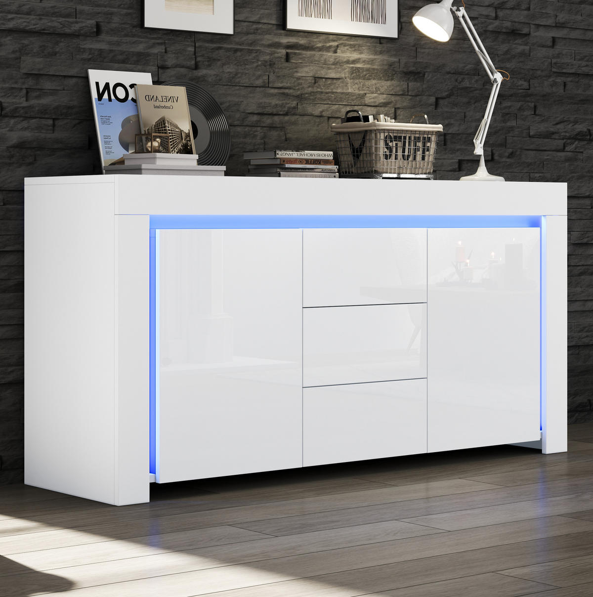 SIDEBOARD 140/40/65 cm mit LED-Beleuchtung, 2 Türen, 3 Schubladen und Hochglanzfront aus MDF, Weiß - Weiß, Holzwerkstoff (140/65/40cm) - Redom