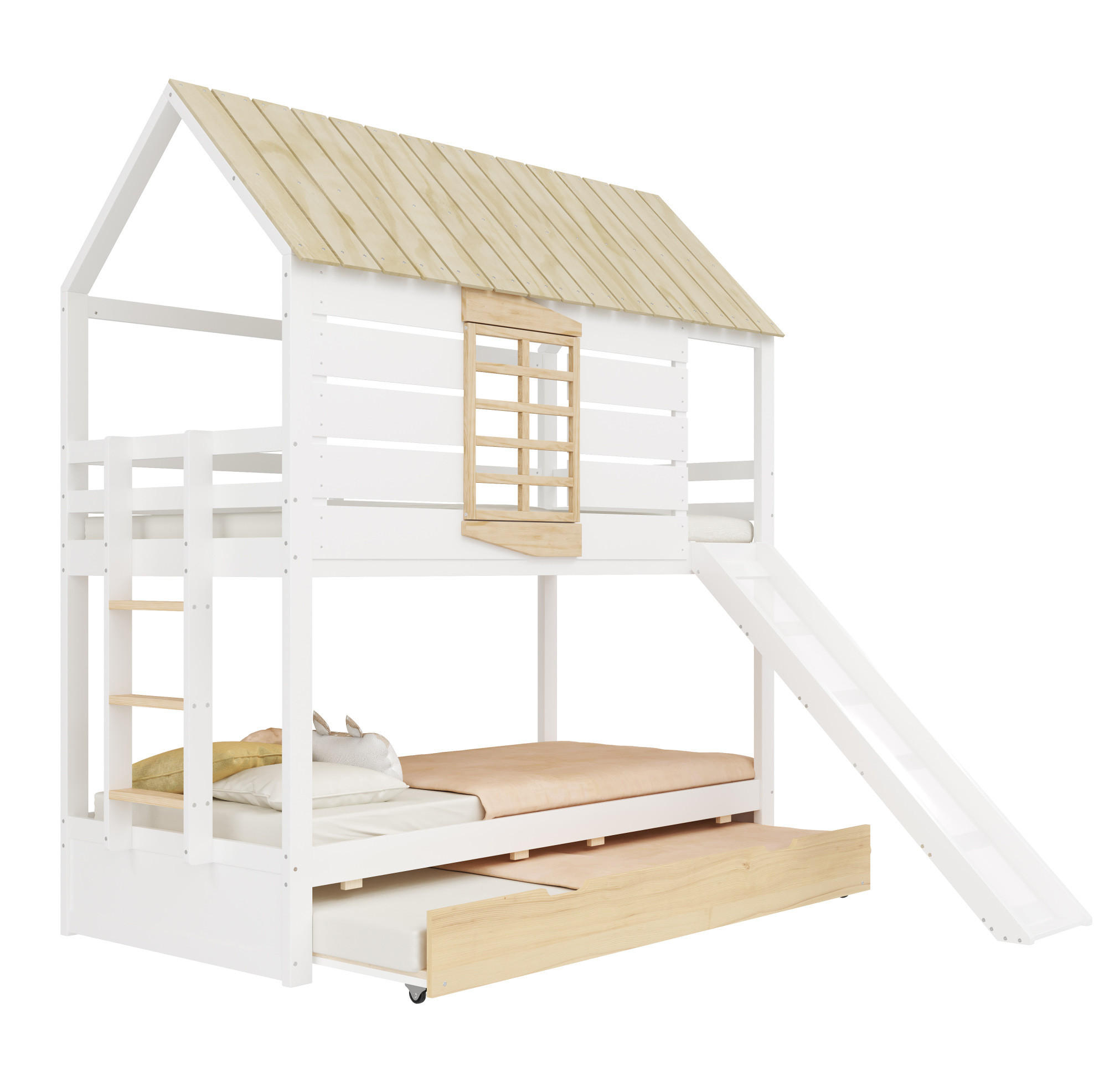 ETAGENBETT aus Kiefer und MDF 90x200 cm Weiß/Natur mit Rutsche, Ausziehbett und Hausdach - Weiß, Holzwerkstoff (90/200cm) - Modfu