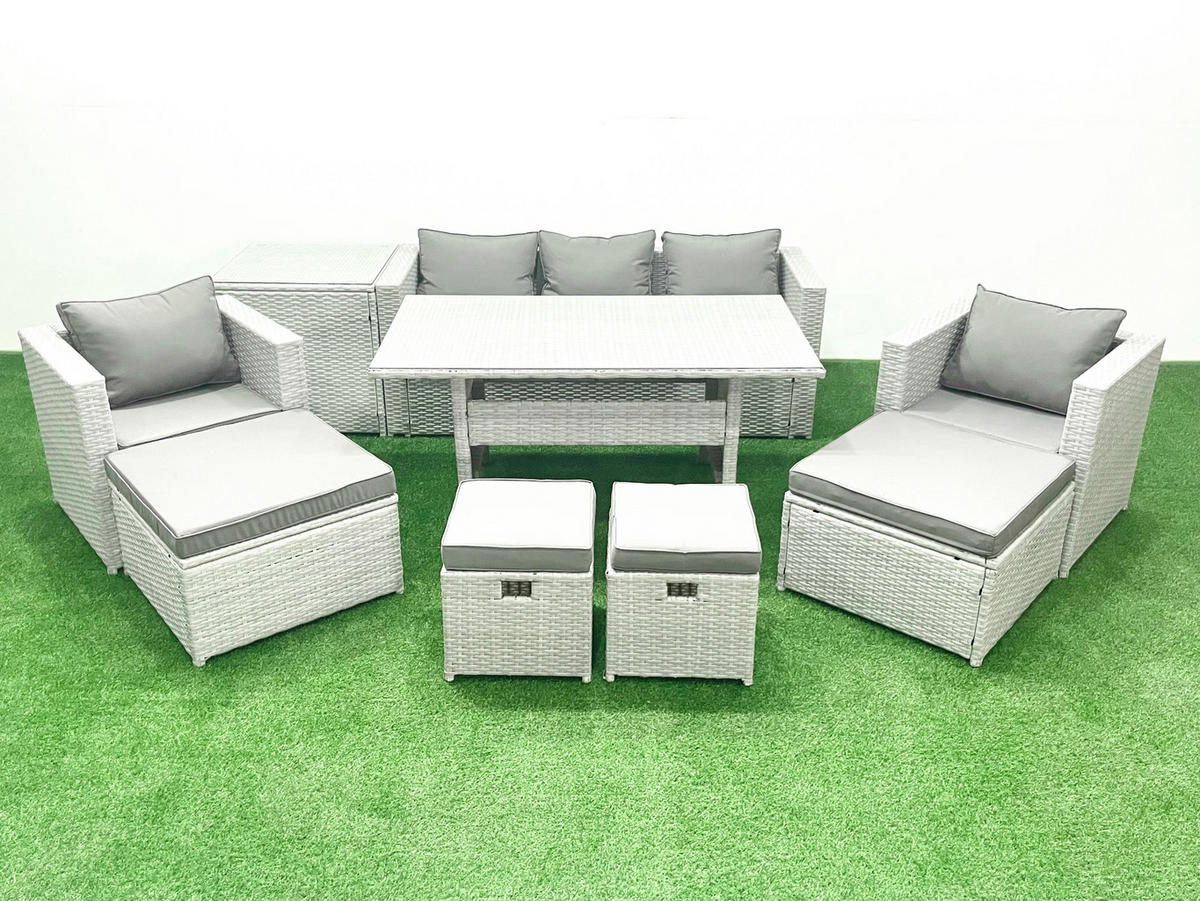 GARTENSET mit Esstisch,Sofa,3 Fußhocker, Beistelltisch,2 Stühle Polyrattan Hellgrau 9-Sitzer - Hellgrau/Grau, Glas/Kunststoff - Fimous